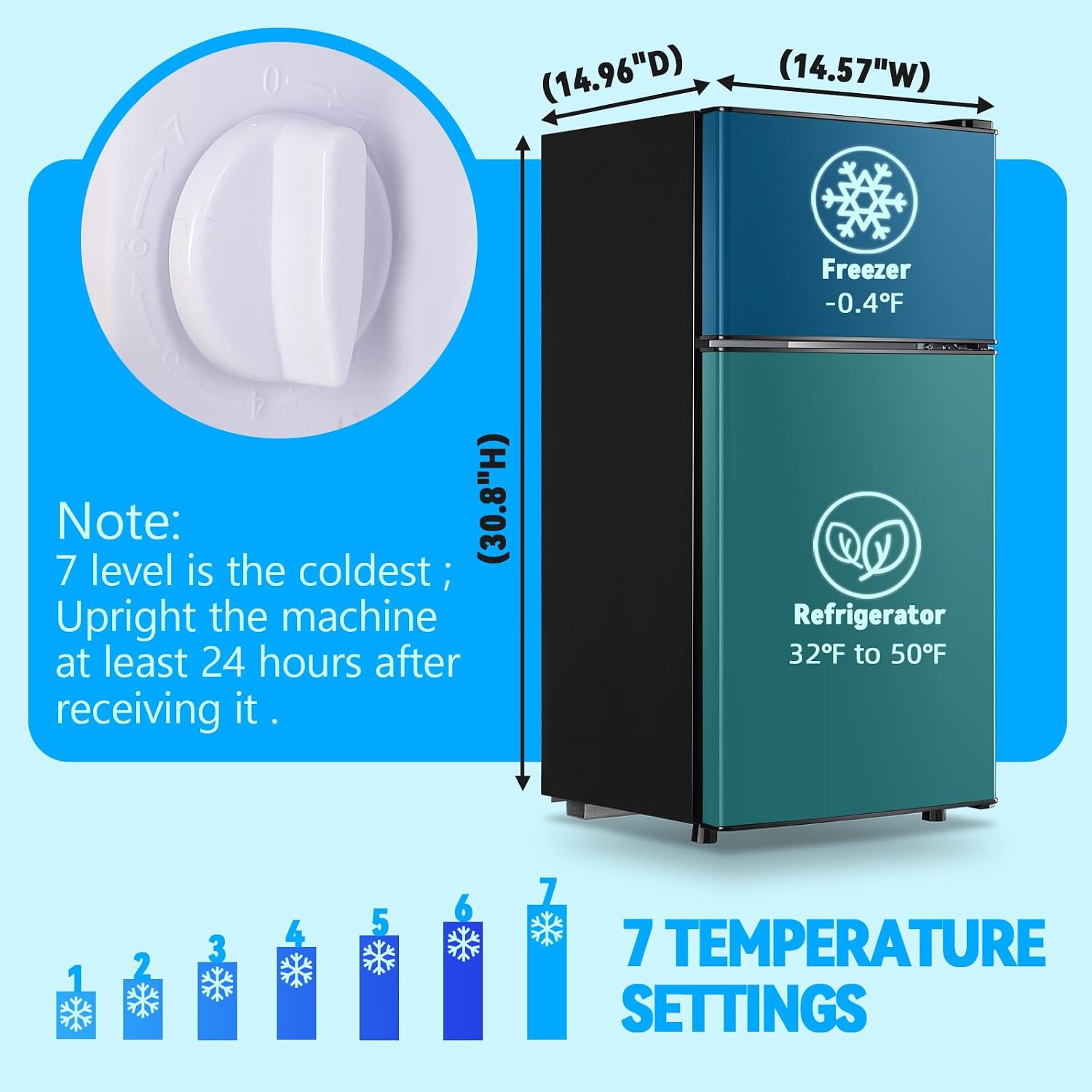 Mini Fridge with Freezer 2.4 Cu.ft Mini Refrigerator Freezer Double Doors 7 Modes Temp Suit for Apartment Bedroom Office Black