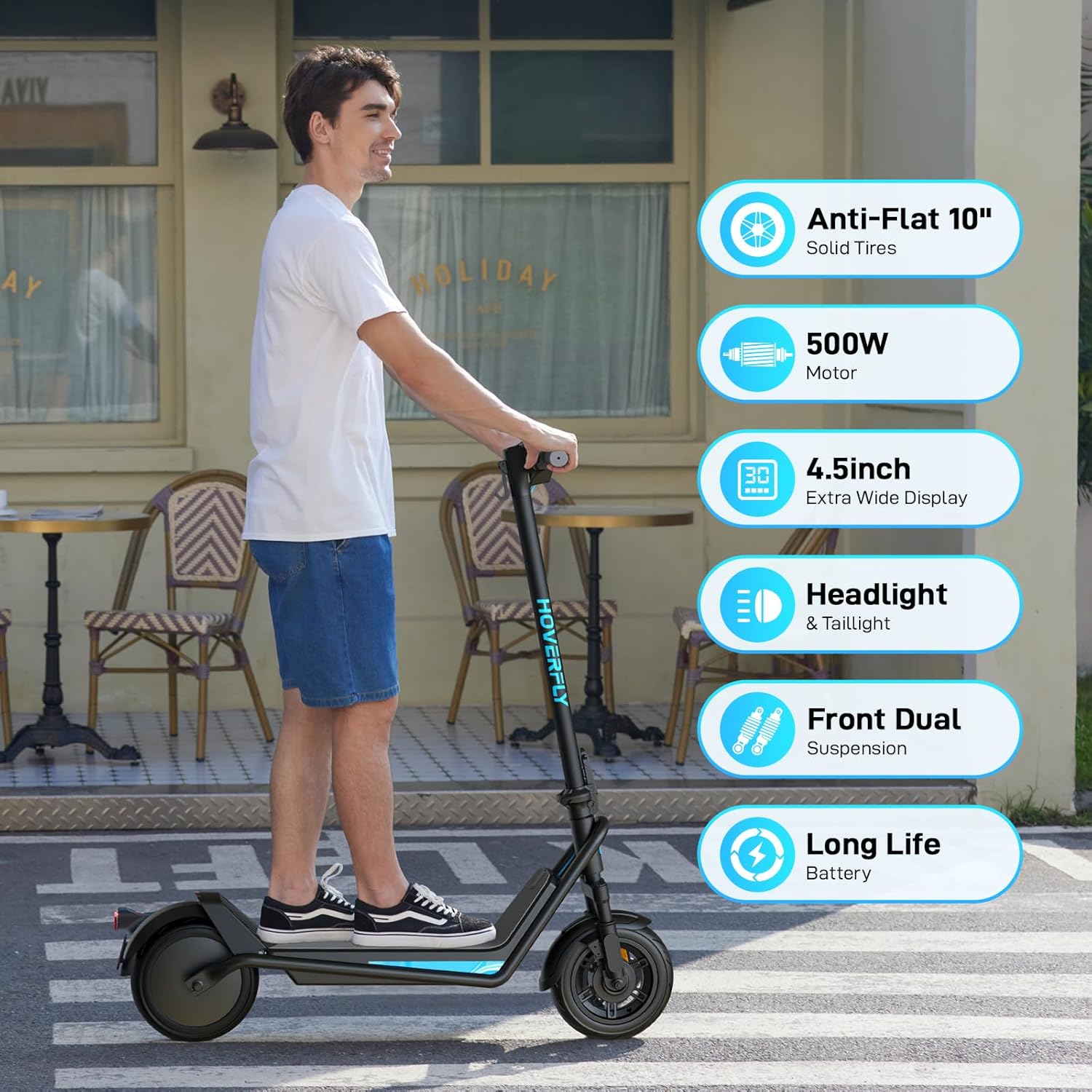 HOVERFLY X1/X3/X5 Electric Scooter for Adults, Anti Flat 8.5'/10'' Solid Tire, Max 10/18/25 Miles Range and 15.5/20Mph Speed Power by 250W/500W Motor, Foldable Commuting E Scooter with EABS&Disc Brake