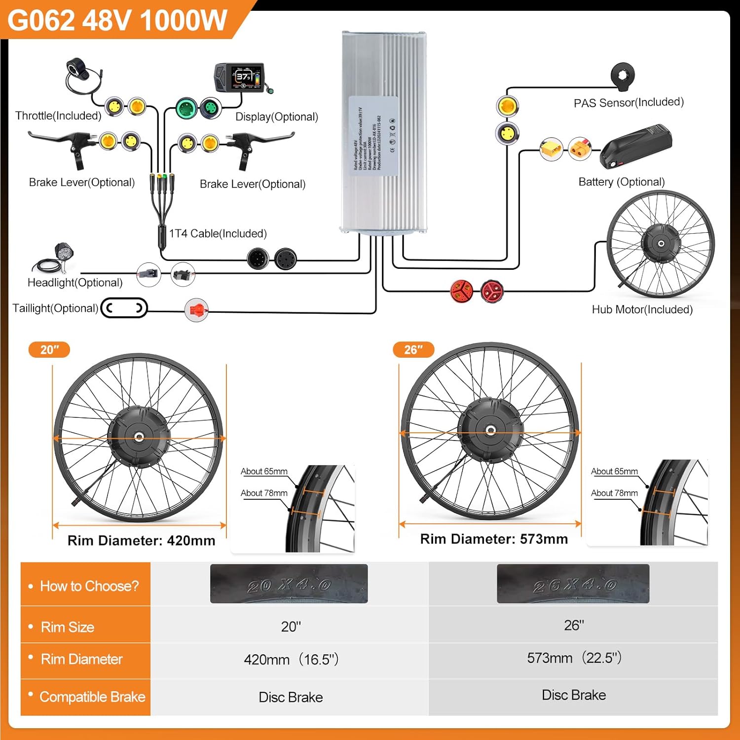 BAFANG 48V 1000W Fat Tire EBike Conversion Kit - Dominate Winter Terrain with High-Torque Rear Hub Motor for 20'/26' Wheels in Deep Snow, Includes Display & Battery（Optional）