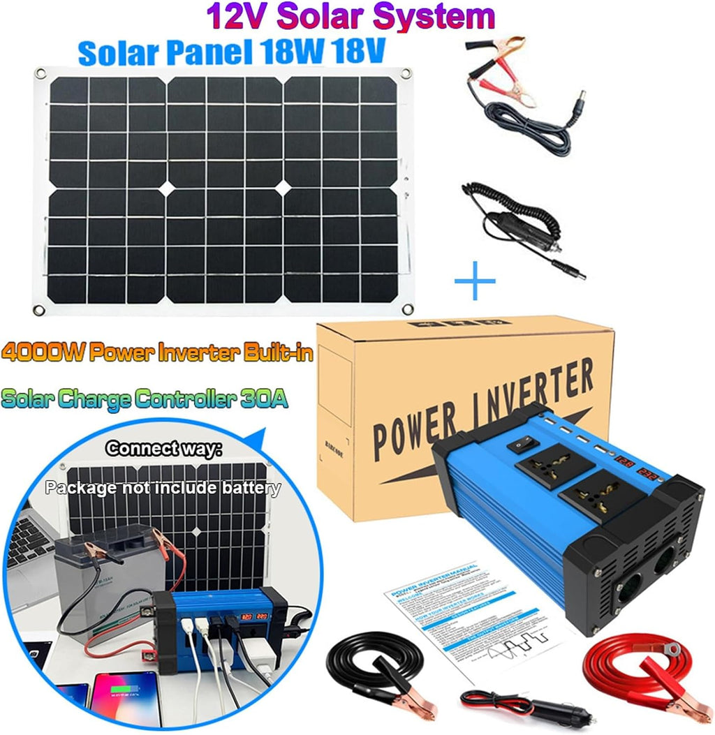 4000W Complete Solar Power System 12V To 110V/220V Solar System Combination Inverter Solar Panel Kit Home Grid System 30A Controller + 18w 18v Solar Panel(110V)