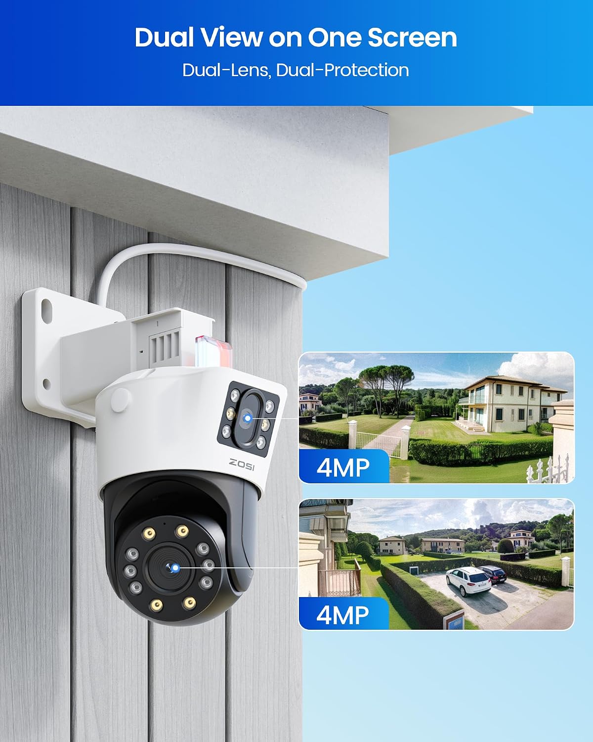 ZOSI 4K Dual-Lens PoE Security Camera System, 4 x 4K 8MP Pan/Tilt (2x4MP) PoE 360 Camera Outdoor, Person/Vehicle Detect, Spotlight Siren, Color Night Vision, 8CH 8MP NVR with 2TB HDD (16CH Expandable)