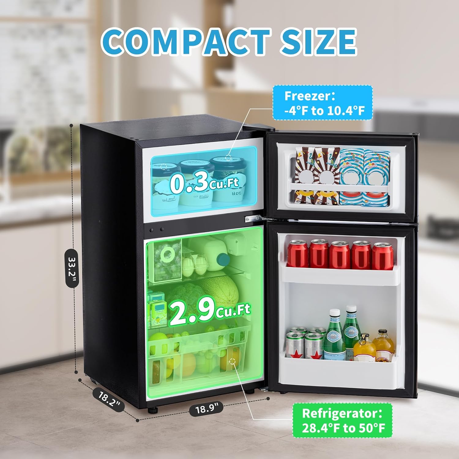 Erivess 2 Door Mini Fridge with Freezer, 3.2 Cu.Ft Refrigerator and Freezer, Adjustable Thermostat, Energy Saving, Low Noise, Small Refrigerator for Bedroom, Dorm, Office