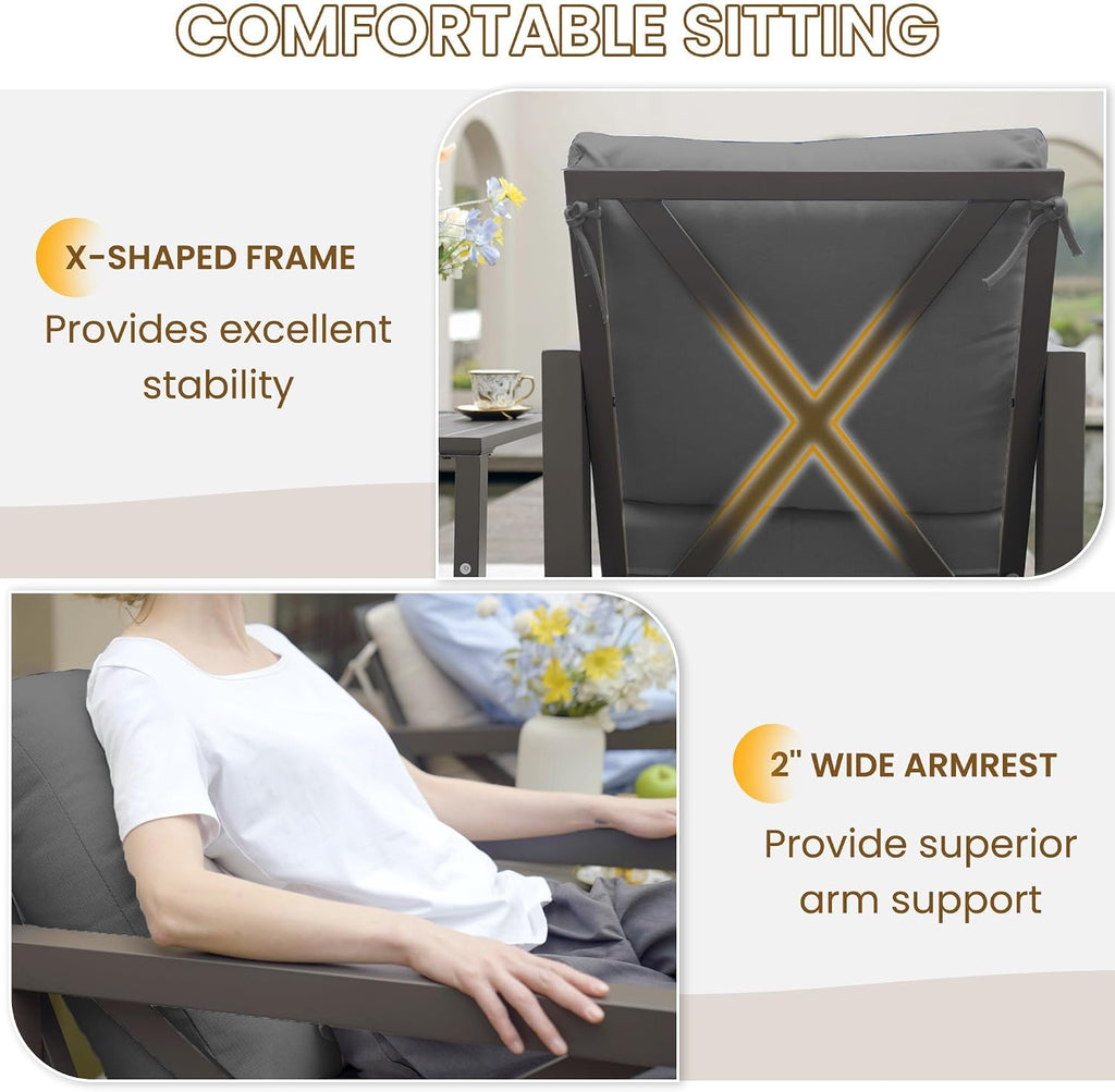 UDPATIO Outdoor Rocking Chair Set of 2 with Coffee Table, 3 Piece Metal Patio Furniture Set with 6.5' Water-Resistant Cushions, Oversized, 350lbs Heavy-Duty, for Porch, Patio, Balcony, Dark Grey