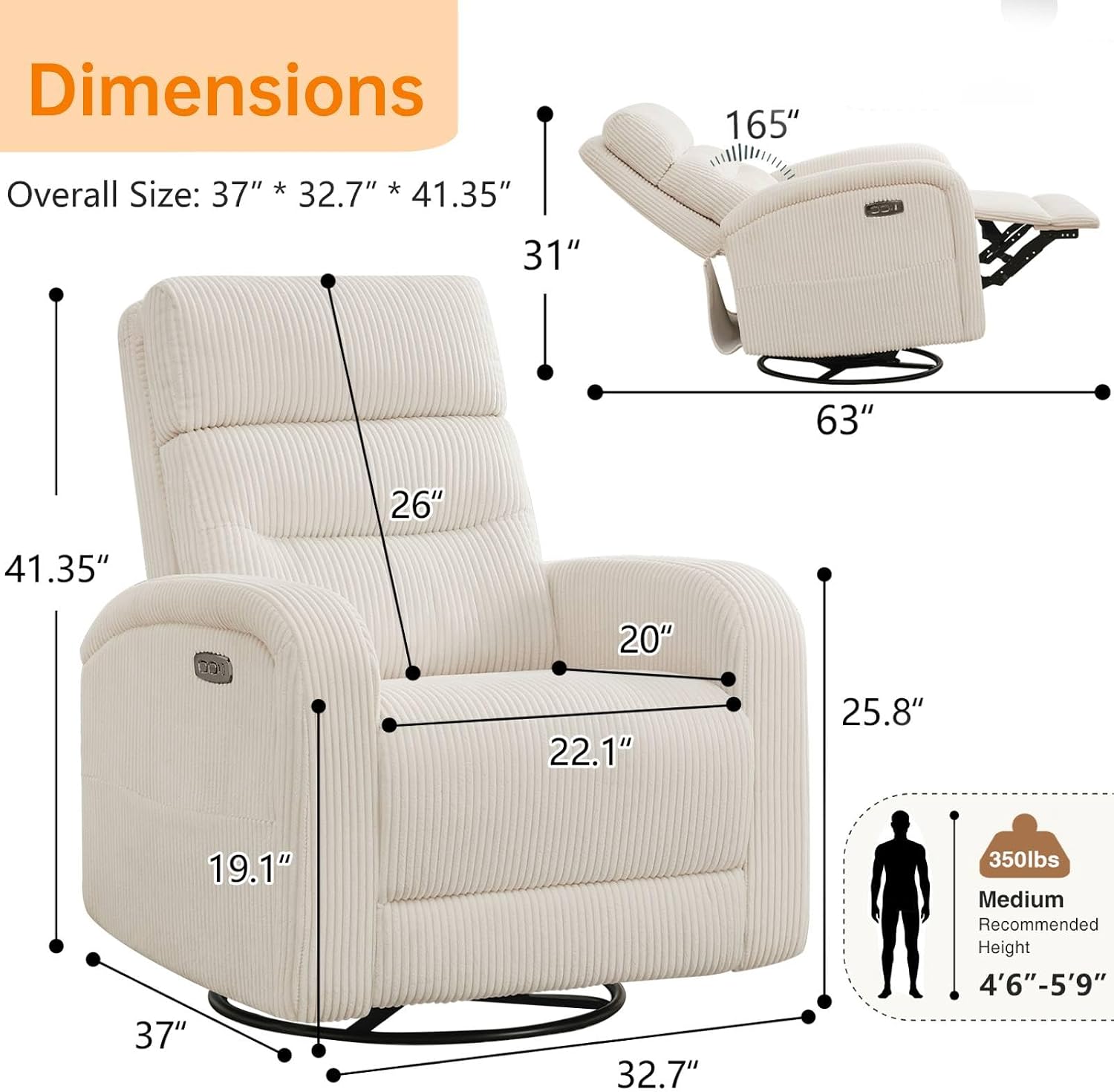 Power Swivel Rocker Recliner Chair for Nursery, Swivel Reclining Rocking Chairs, Electric Glider for Living Room, Upholstered Recliner Chairs for Bedroom, Corduroy White