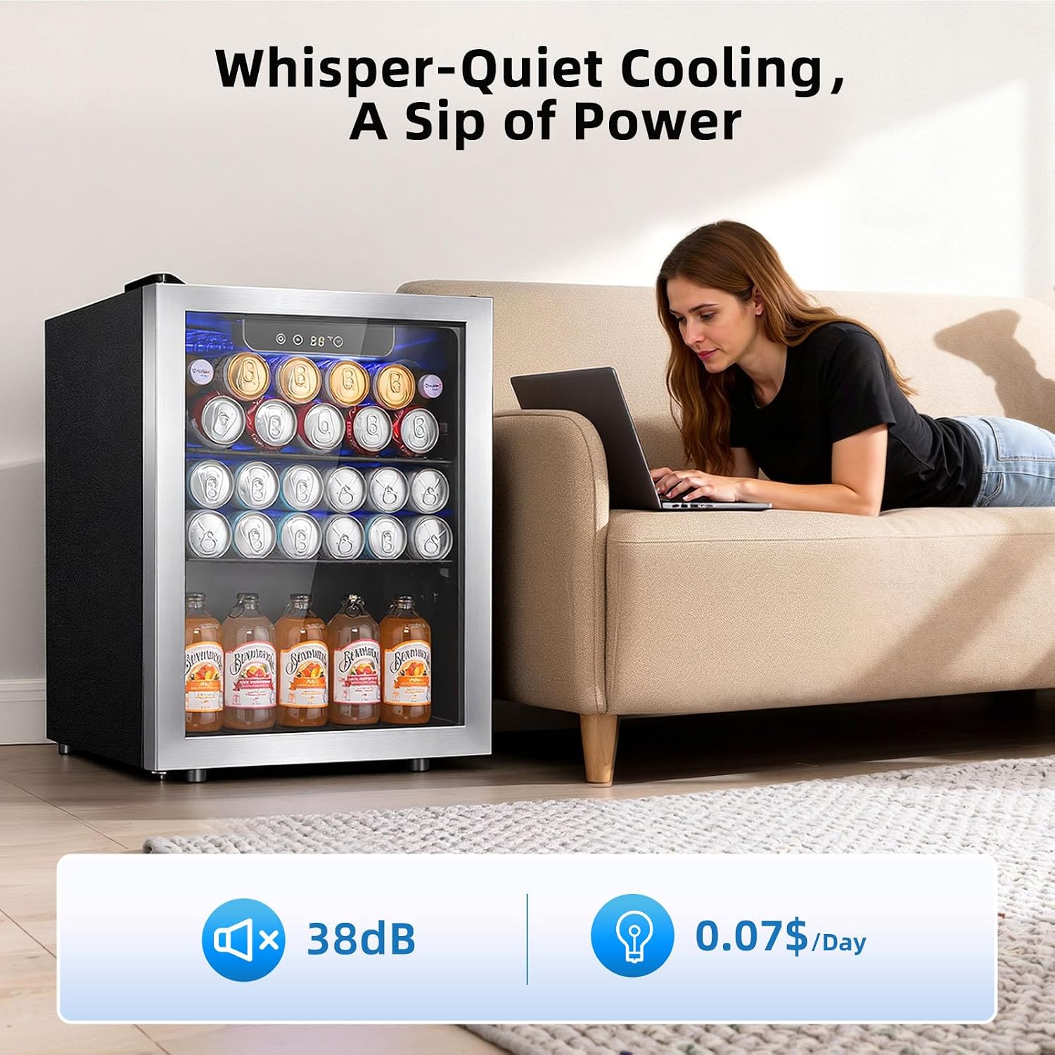Antarctic Star 1.7 Cu.Ft Beverage Refrigerator 68 Can or 16 Bottle Capacity with Seamless Glass Door, Digital Control & Quiet Compressor, Freestanding Mini Fridge for Bar, Kitchen, Office - Silver