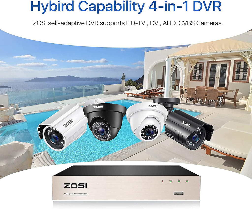 ZOSI H.265+ Lite 8 Channel Hybrid 4-in-1 HD TVI CCTV DVR, 8CH 1080P Surveillance Video Recorders with 1TB Hard Drive for Home Security Camera System (Renewed)