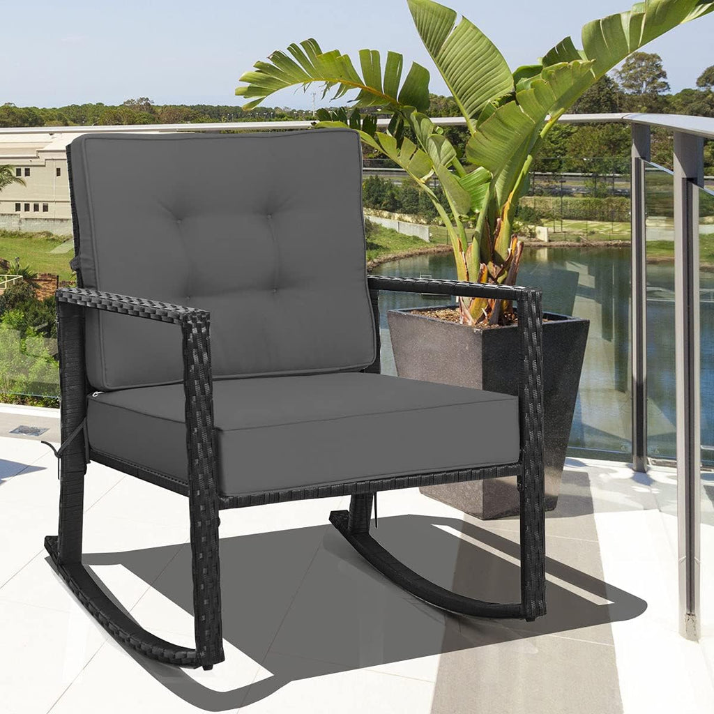 HAPPYGRILL Wicker Rocking Chair, Outdoor Patio Glider Chair with Heavy-Duty Frame, Thick Cushion, Rattan Rocking Chair for Backyard Garden Porch