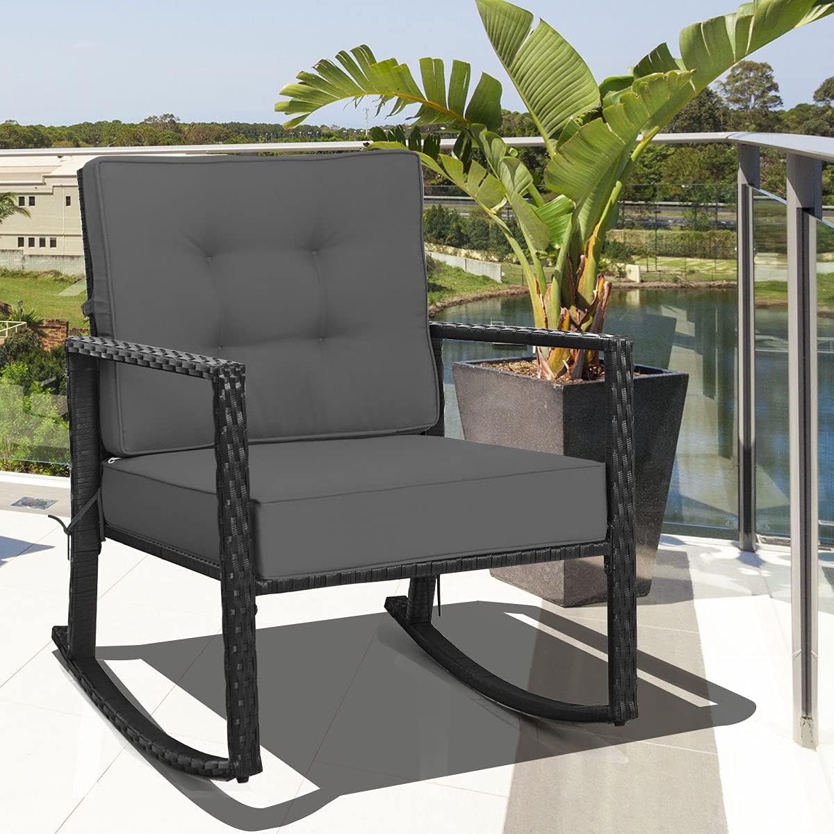 HAPPYGRILL Wicker Rocking Chair, Outdoor Patio Glider Chair with Heavy-Duty Frame, Thick Cushion, Rattan Rocking Chair for Backyard Garden Porch