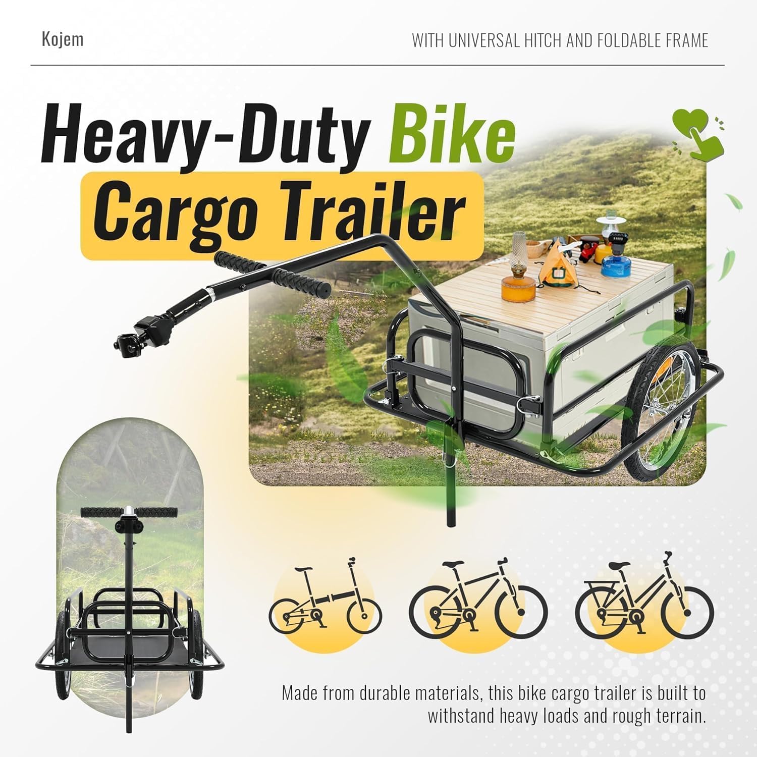 Kojem Foldable Bike Cargo Trailer, Heavy-Duty Storage Bicycle Trailer 110LBS Load Capacity, 16IN Wheel Bike Wagon Cart, with Universal Hitch and Foldable Frame, Fit for Pet, Shopping, Park Picnics
