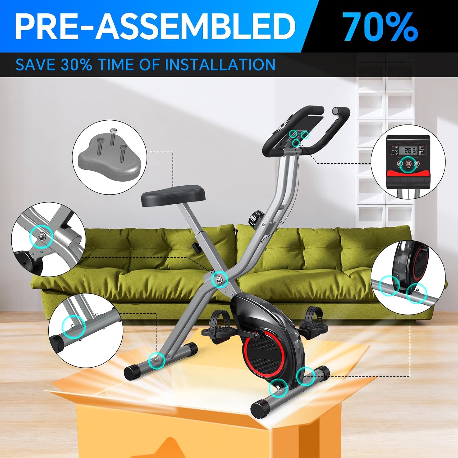 USLIM Foldable Exercise Bike Stationary Bikes for Home, 5 IN 1 Indoor Workout Bike, Cycling Bike with 16-Level Quiet Magnetic Resistance, 6.6 LBS Flywheel and 300LBS Capacity for Senior and Home Workout