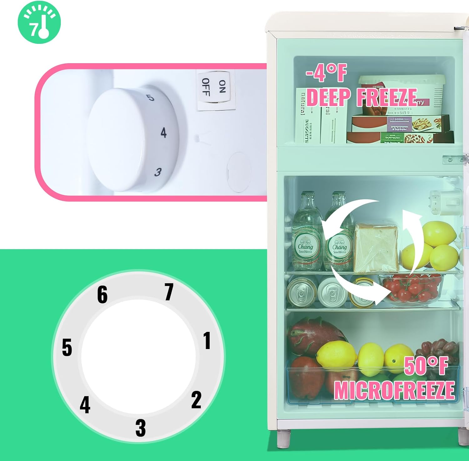 DEMULLER 3.5 Cu.ft Retro Mini Fridge with Freezer Dual Doors & Handles Compact Refrigerator with 7 Thermostat Control Freestanding Small Fridge with LED Light Cream