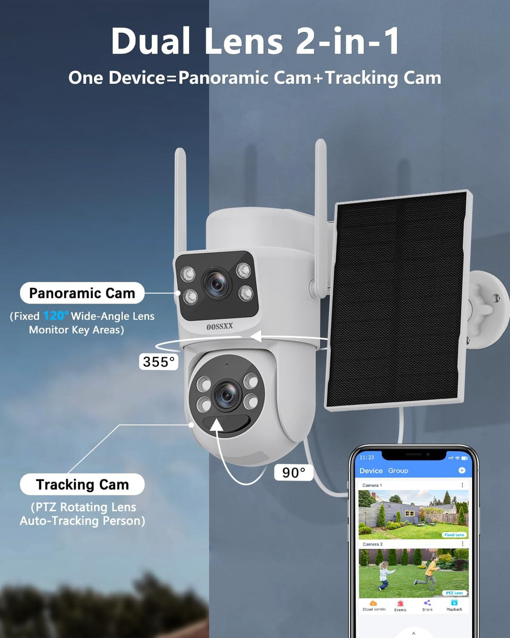 OOSSXX (100% Wire-Free) Solar Battery Outdoor Wireless Security Camera WiFi Cameras Video Surveillance Cam