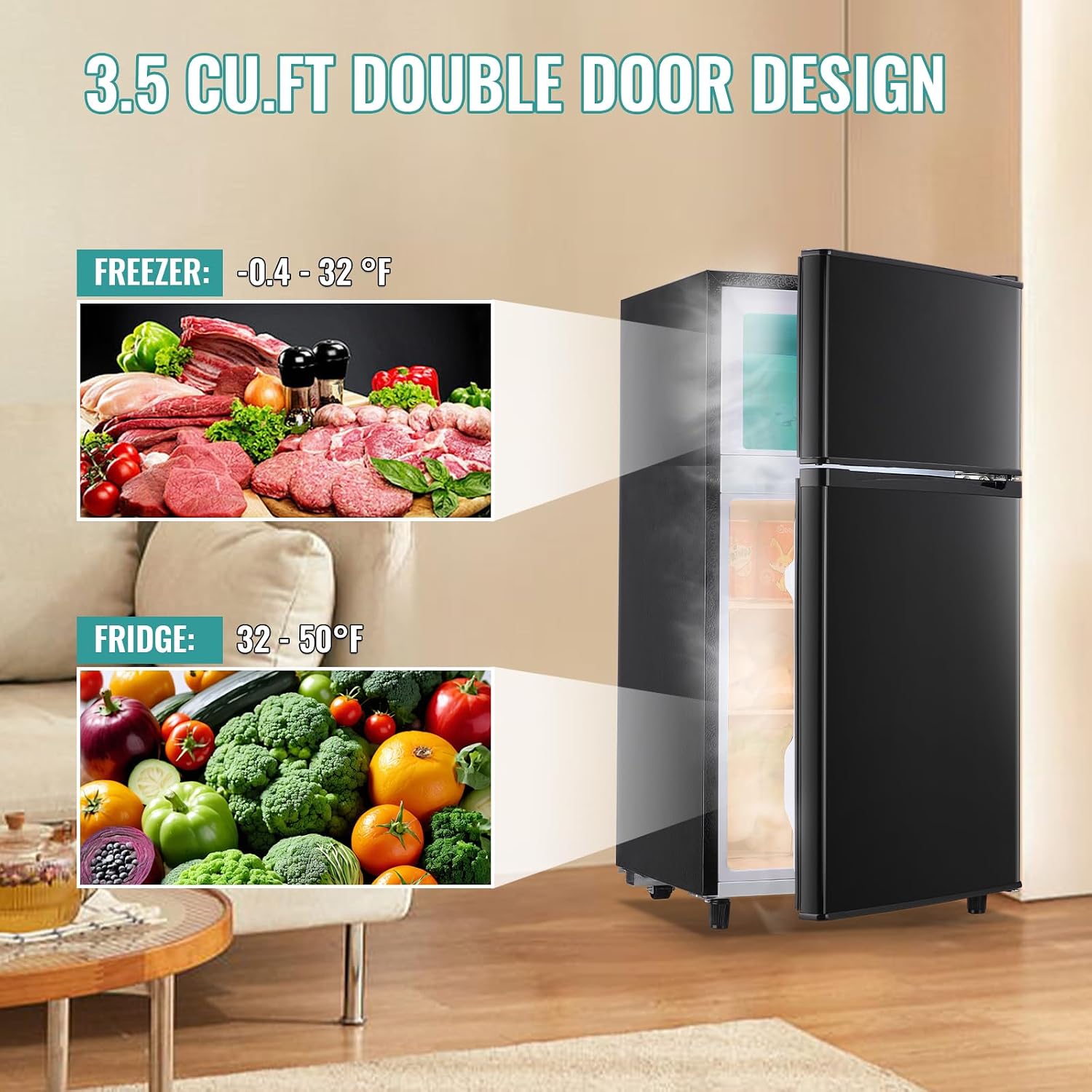 WANAI 3.5 Cu.Ft Mini Fridge Compact Refrigerator with Freezer, 7 Level Adjustable Thermostat Removable Shelves Small Refrigerator for Office Dorm Apartment Matte Black