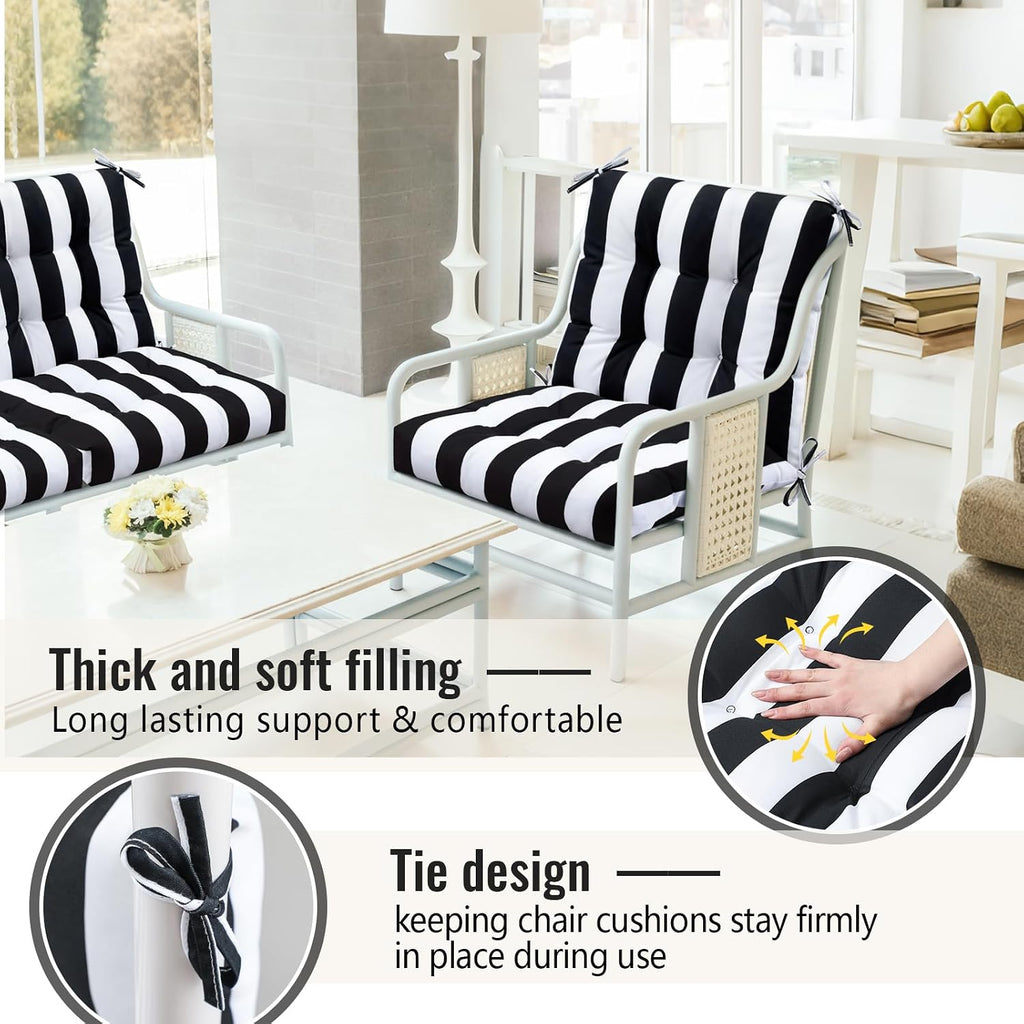 Marsui 4 Pcs Outdoor Indoor High Back Chair Cushions Patio Furniture Tufted Pillow with Ties Water-Resistant Replacement Outdoor Rocking Chair Cushions, 42 x 21 Inches (Black White,Stripe)