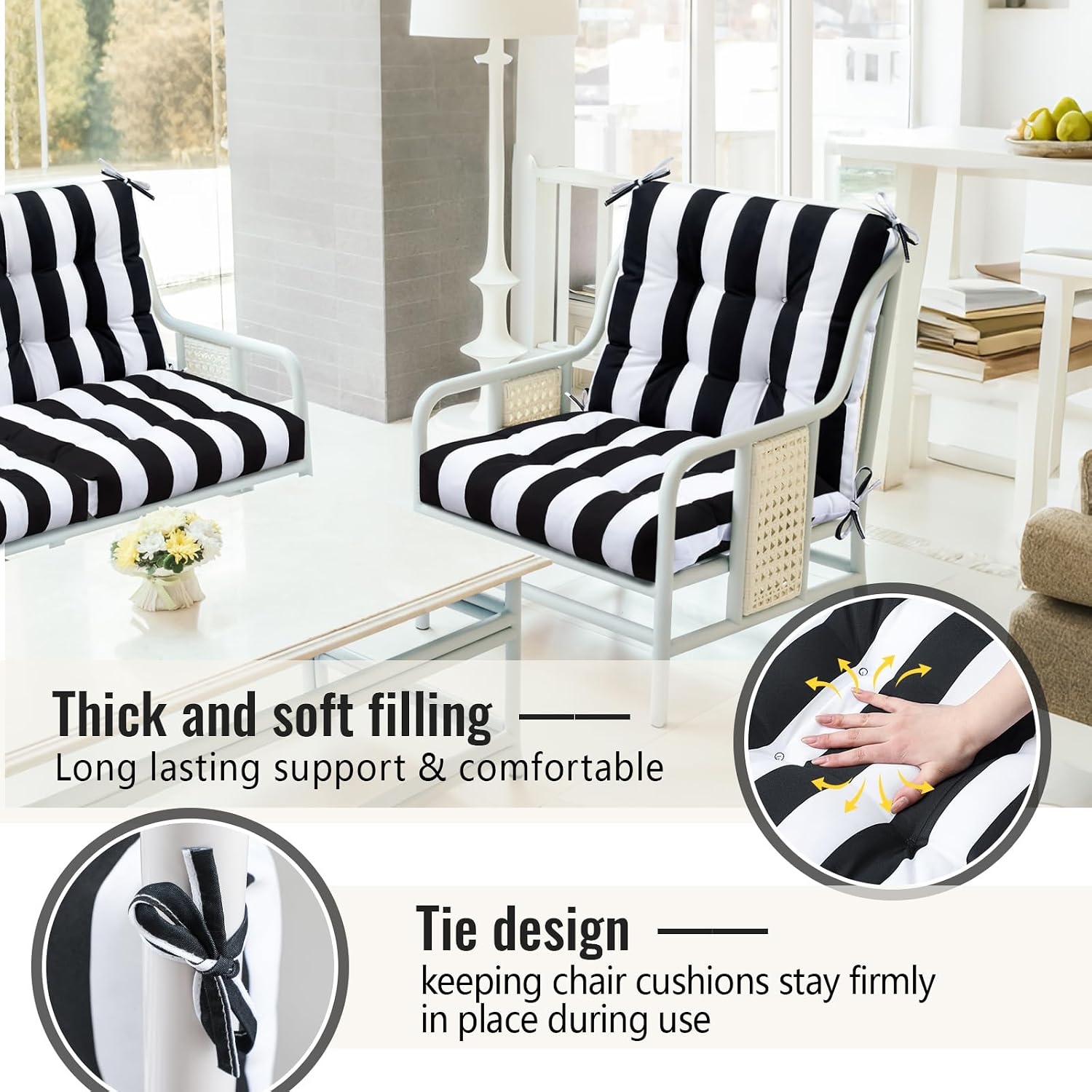 Marsui 4 Pcs Outdoor Indoor High Back Chair Cushions Patio Furniture Tufted Pillow with Ties Water-Resistant Replacement Outdoor Rocking Chair Cushions, 42 x 21 Inches (Black White,Stripe)
