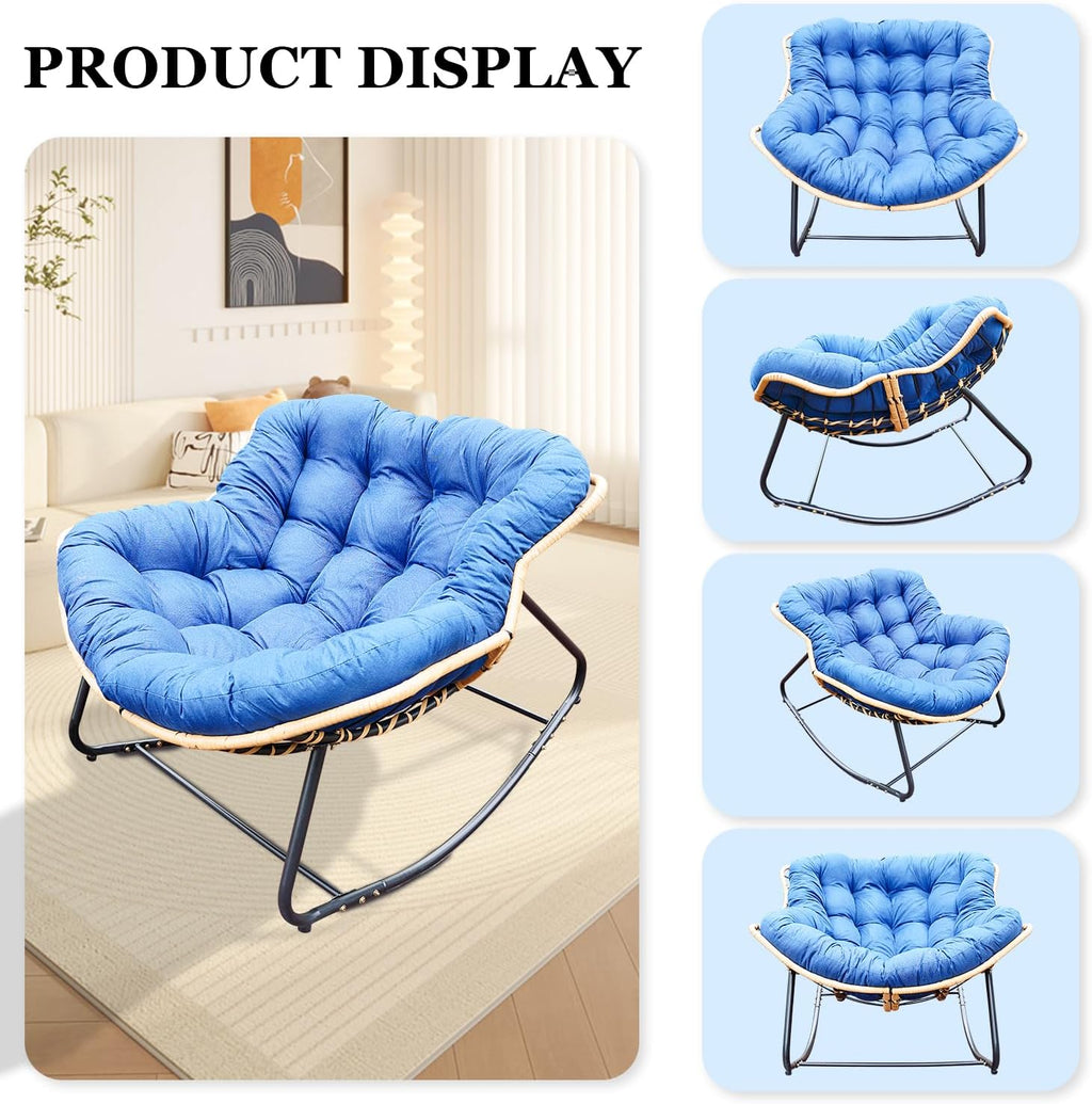Rocking Papasan Chair Outdoor/Indoor, Rattan Wicker Lounge Rocker Egg Chair with Thick Cushion, Alloy Frame & Anti-Tip Wide Base for Patio, Living Room, Bedroom, Royal Blue