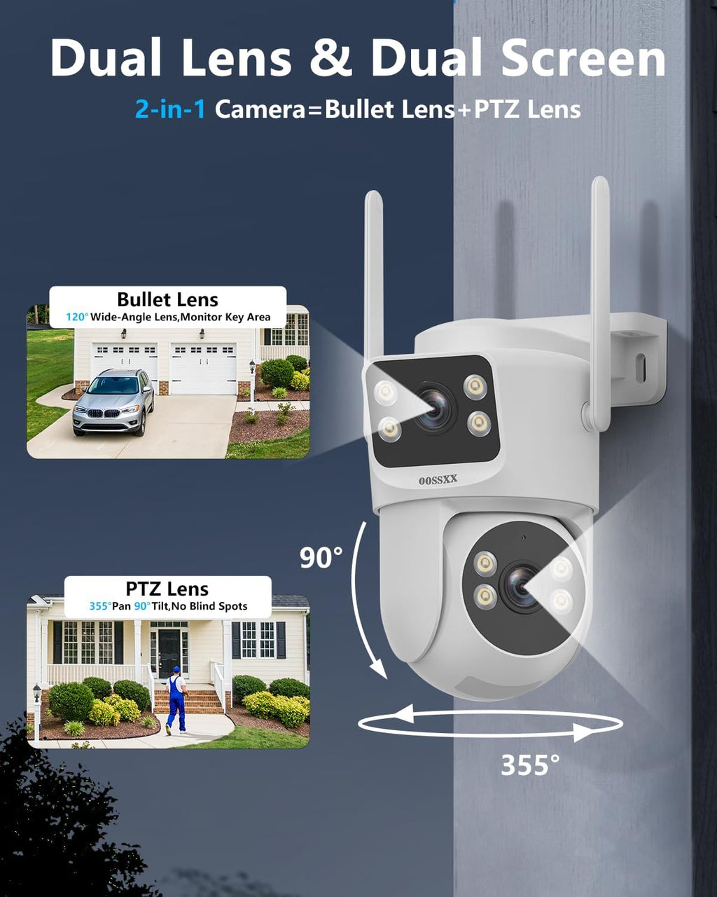 OOSSXX (2026 New) Dual Lens Wireless Security Camera System 4MP, 16CH WiFi NVR with 4 Cameras, 4 Antennas 55% Longer Range, Fixed + PTZ, 500GB HDD, No Monthly Fee