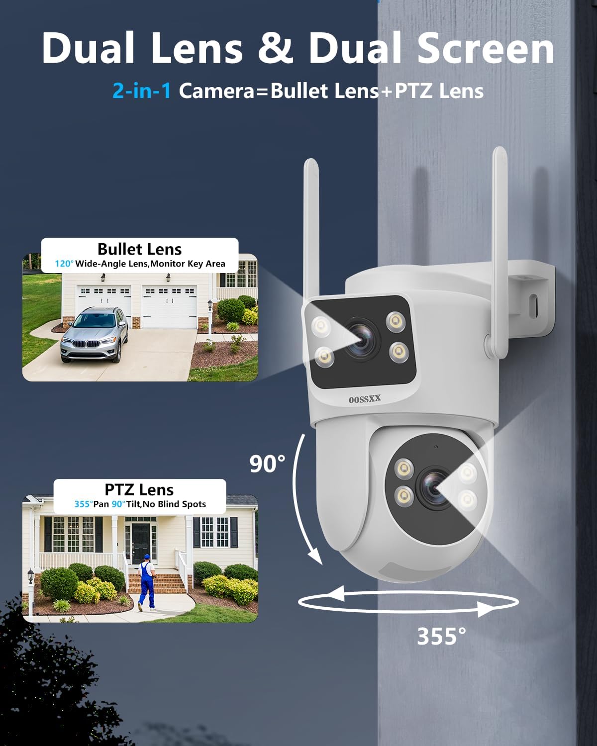 OOSSXX (2026 New) Dual Lens Wireless Security Camera System 4MP, 16CH WiFi NVR with 4 Cameras, 4 Antennas 55% Longer Range, Fixed + PTZ, 500GB HDD, No Monthly Fee