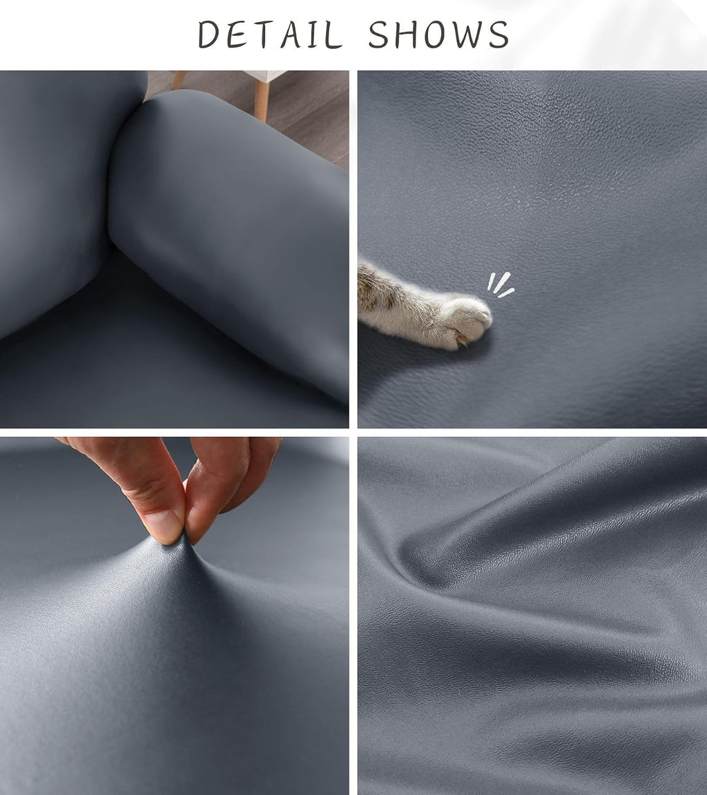 100% Waterproof PU Leather Sofa Slipcovers 8-Pieces Stretch Reclining Couch Covers for 2 Seat Anti-Slip Elastic Strap Furniture Protector for Kids, Pets (Grey, 3 Seater)