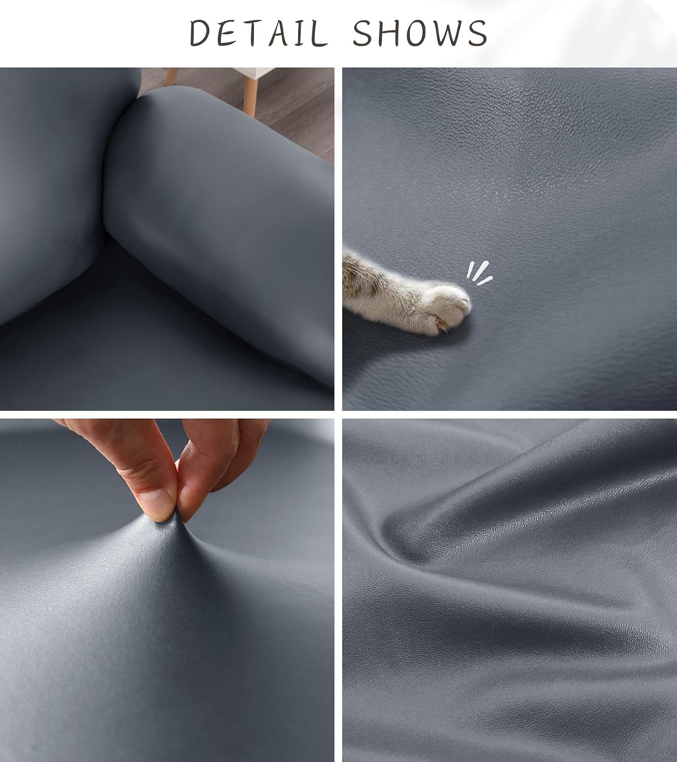 100% Waterproof PU Leather Sofa Slipcovers 8-Pieces Stretch Reclining Couch Covers for 2 Seat Anti-Slip Elastic Strap Furniture Protector for Kids, Pets (Grey, 3 Seater)