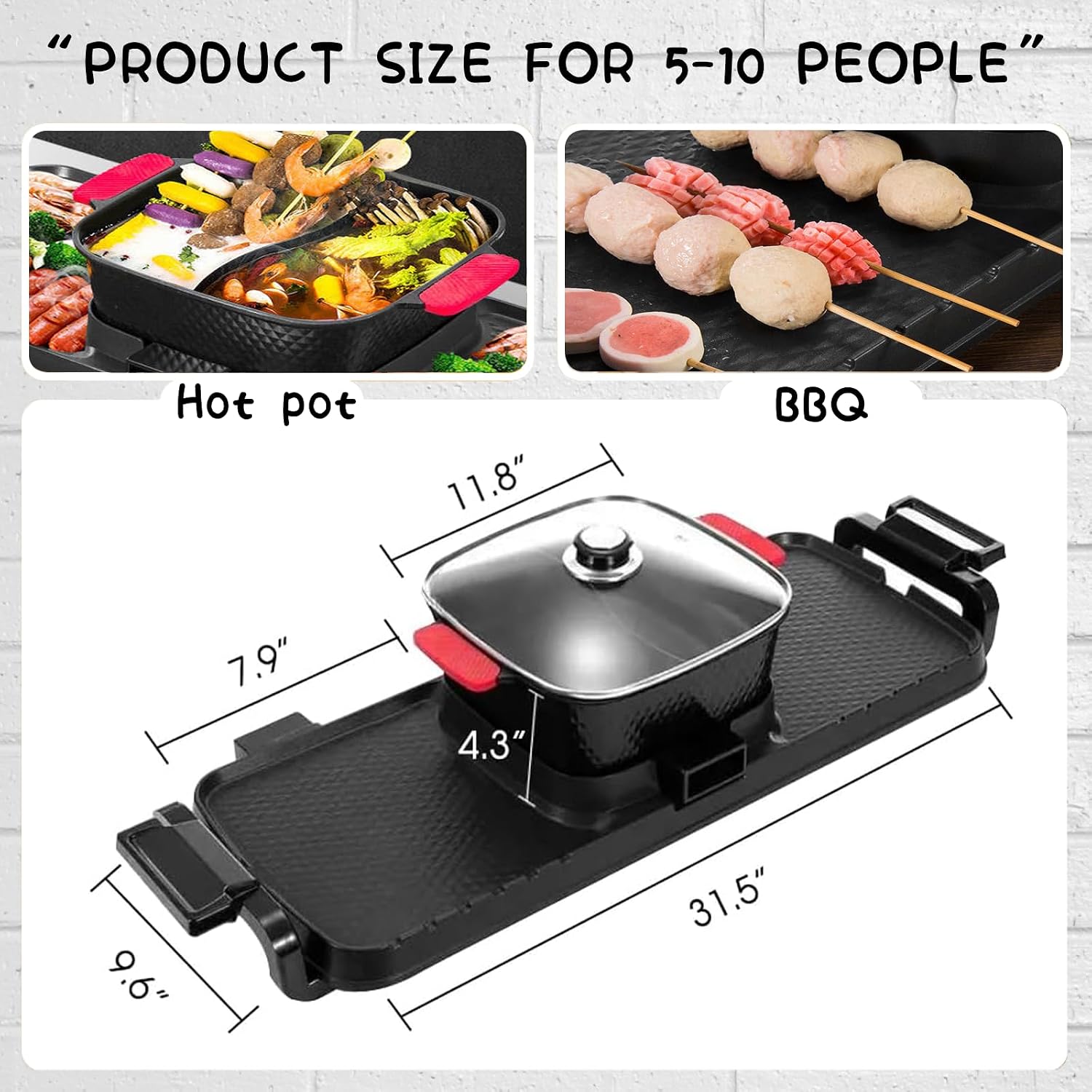 Household Electric Hot Pot with Grill, Detachable Soup Pot and BBQ Pan, Independent Power Supply, Non-stick Pot, Easy to Clean, For 5-10 People to Enjoy, 2700 W