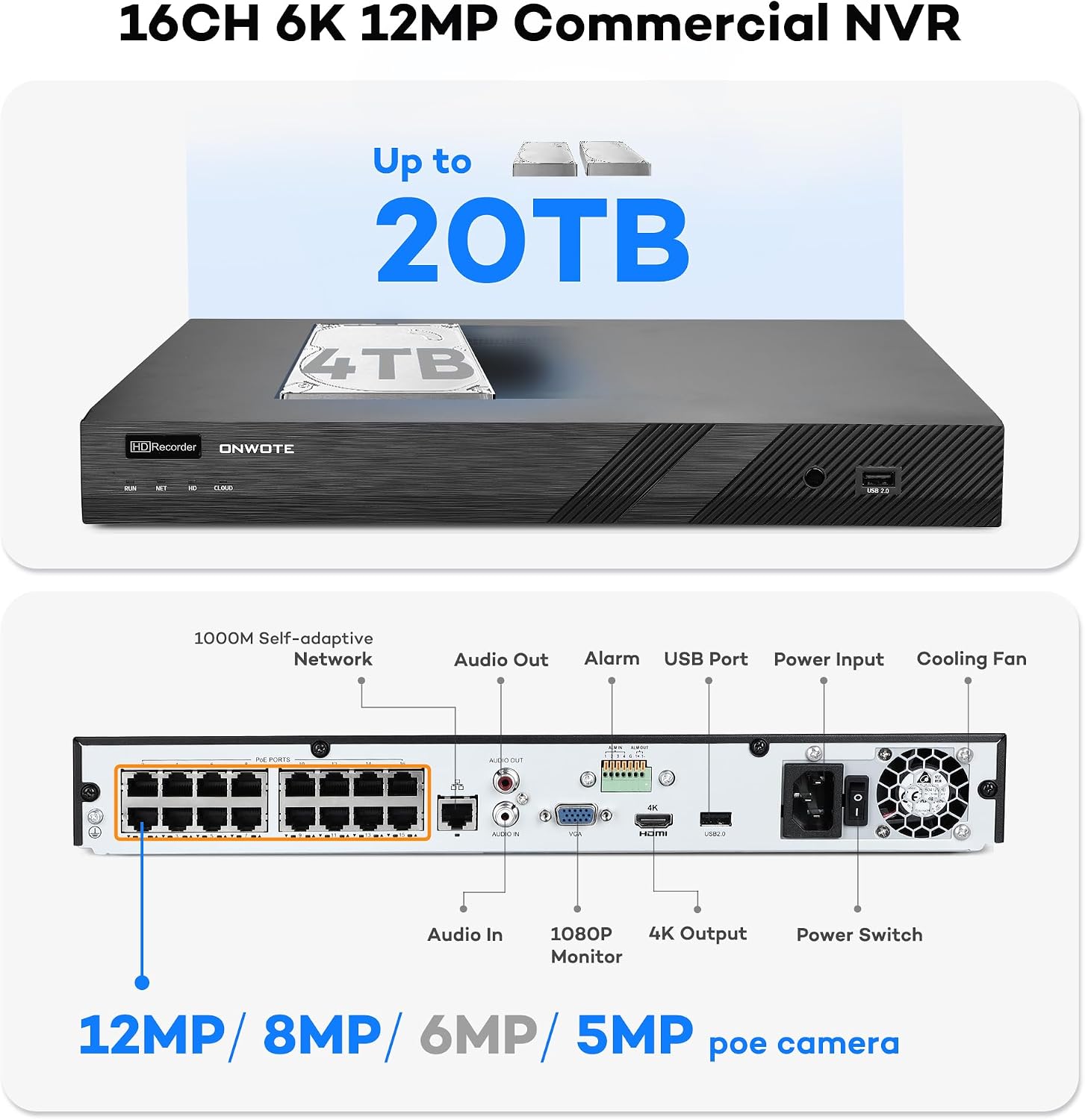 ONWOTE Face Recognition & AcuSearch, 12MP NVR 16 Channel PoE Security Camera System, 12x 6MP Color Night Vision IP Cameras, 4K 6K 16CH Commercial NVR, Total 960ft Cables, Wired CCTV for Business Home