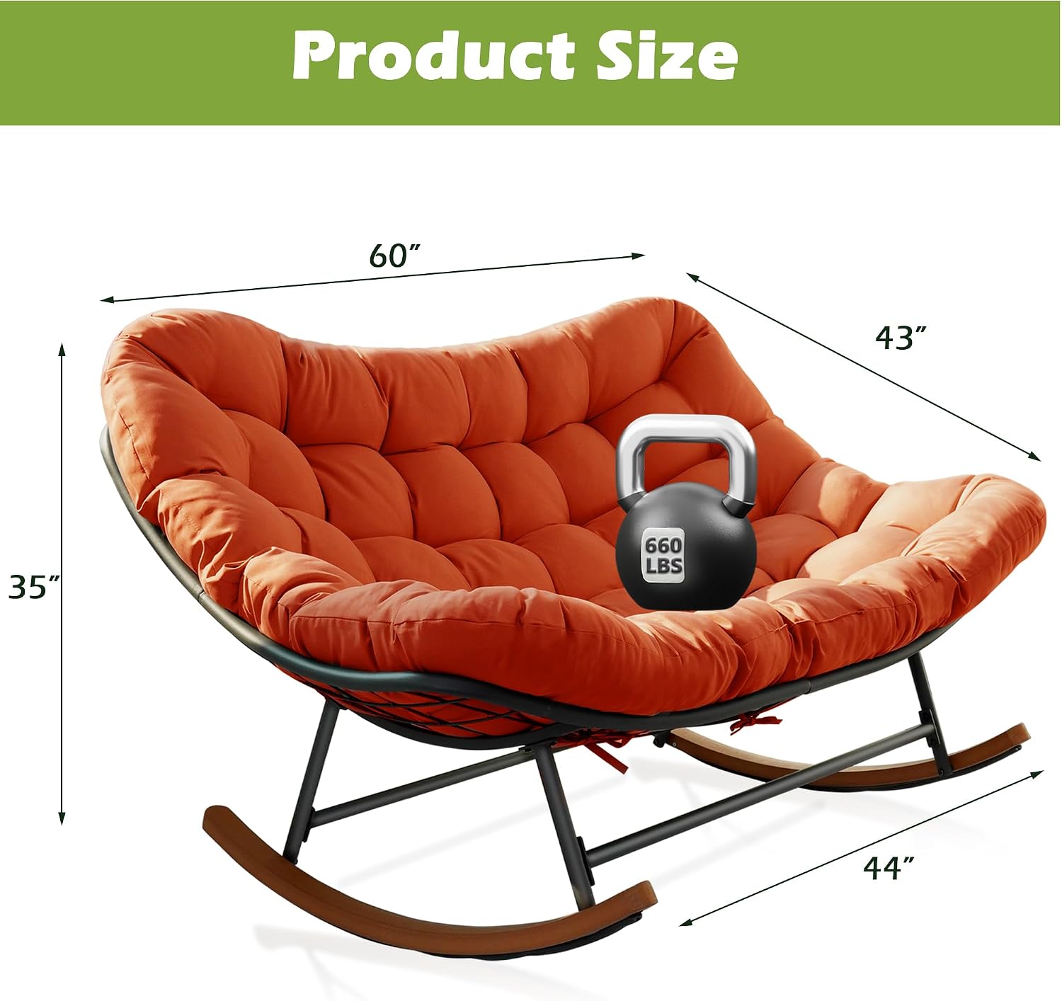 Double Papasan Rocking Chair Outdoor & Indoor, 660LBS Capacity Oversized Patio Rocking Chair for 2-Person with Thick Cushion and Frame,Egg Shaped Rocker for Garden, Deck, Living Room,Red