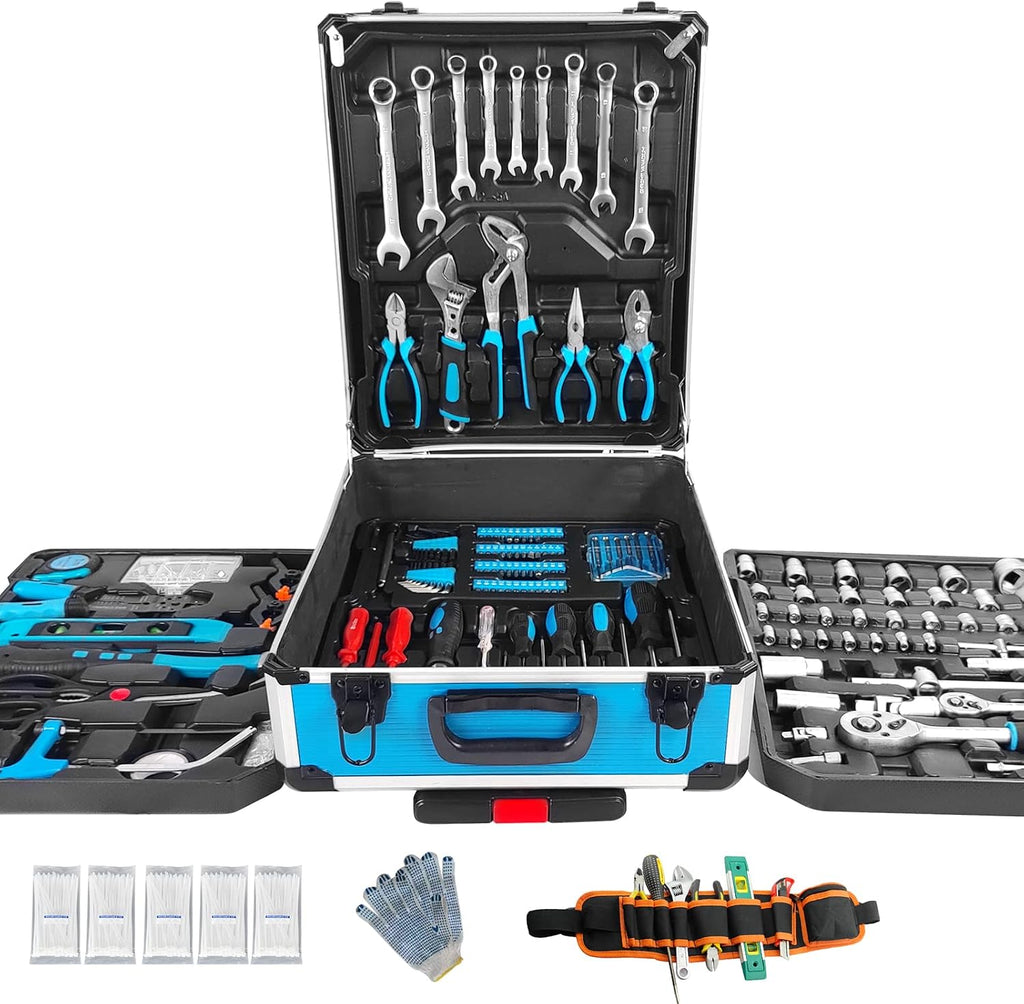 Arcwares 799pcs Aluminum Trolley Case Tool Set Silver, House Repair Kit Set, Household Hand Tool Set, with Tool Belt