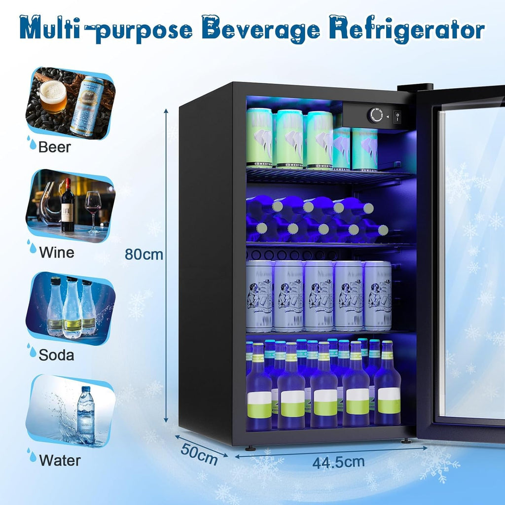 COSTWAY 120 Can Mini Beverage Fridge, Freestanding Beverage Refrigerator Cooler with Glass door, Removable Shelves for Soda Beer Wine, Small Drink Bar Fridge for Home Living Bedroom, 3.2 Cu.Ft