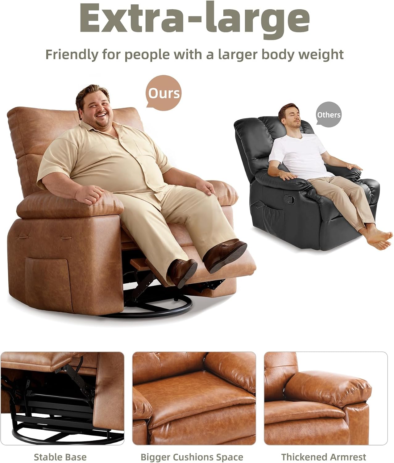 GarveeHome Leather Recliner Chair - Heat and Massage, Swivel Rocker Manual Recliner for Adults, Lazy Rocking Chair with Comfort Arms and Back Single Sofa for Living Room