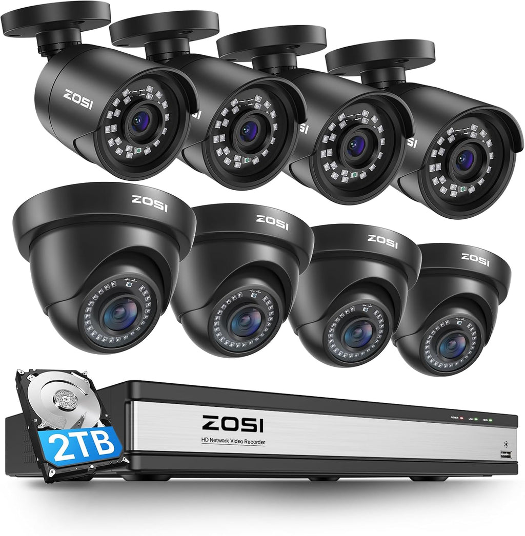 ZOSI 2MP 16CH Home Security Camera System Outdoor with AI Human Vehicle Detect, H.265+ 16CH DVR and 8 x 1080p Weatherproof Surveillance CCTV Bullet Dome Camera, 90° View Angle, Alert Push, 2TB HDD