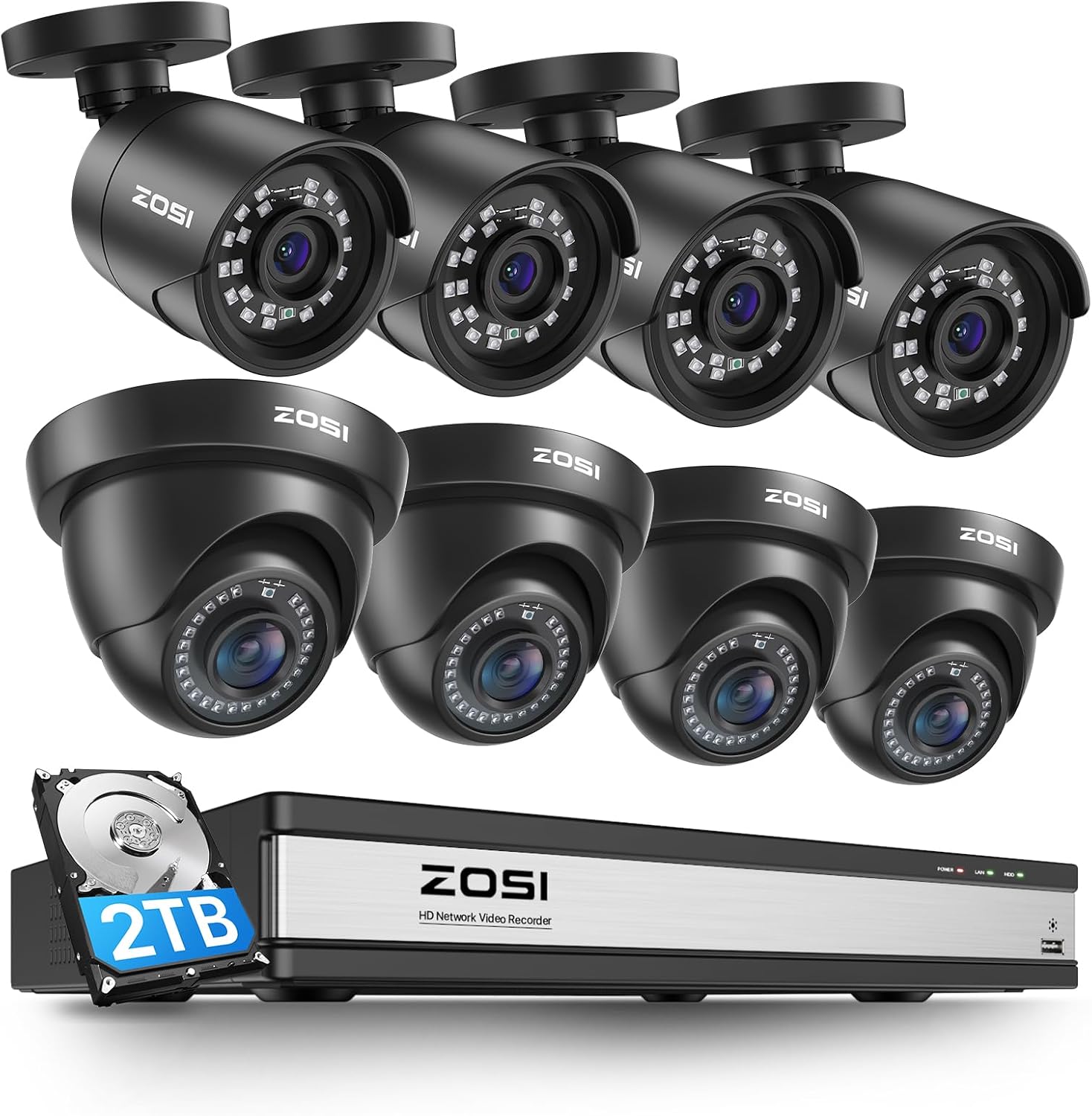 ZOSI 2MP 16CH Home Security Camera System Outdoor with AI Human Vehicle Detect, H.265+ 16CH DVR and 8 x 1080p Weatherproof Surveillance CCTV Bullet Dome Camera, 90° View Angle, Alert Push, 2TB HDD