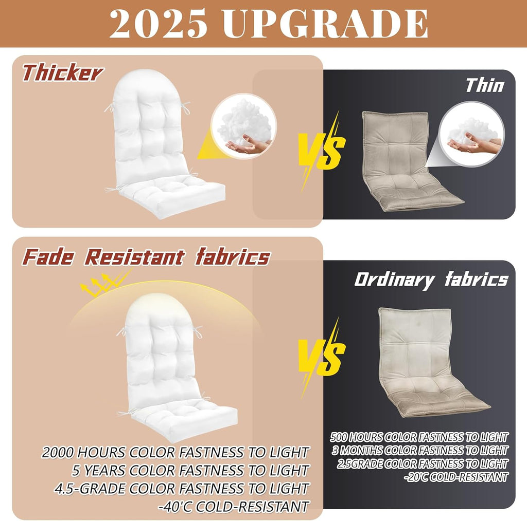 Geelin 6 Pcs Outdoor Patio Chair Cushion Thick High Back Adirondack Chair Cushion Tufted Weather & Fade Resistant Anti-Slip Outside Rocking Chairs Pads with Ties, 44 x 19 x 4 Inch (White)