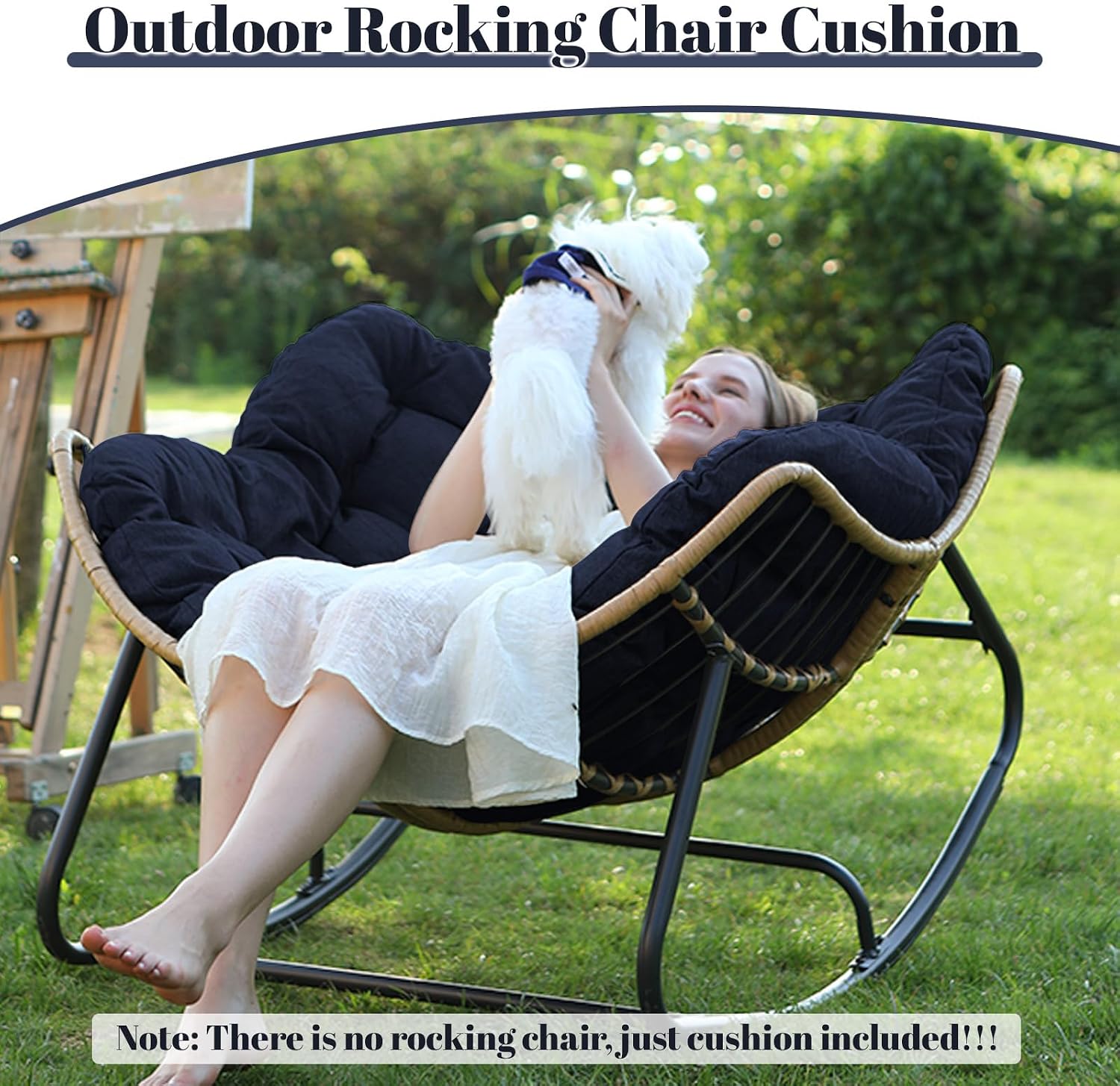 Outdoor Rocking Chair Cushions Replacement, 6''Thick Waterproof & Fade Resistant Papasan Chair Cushion with 6 Straps,Tufted Egg Chair Cushion for Indoor & Outdoor (Navy Blue)