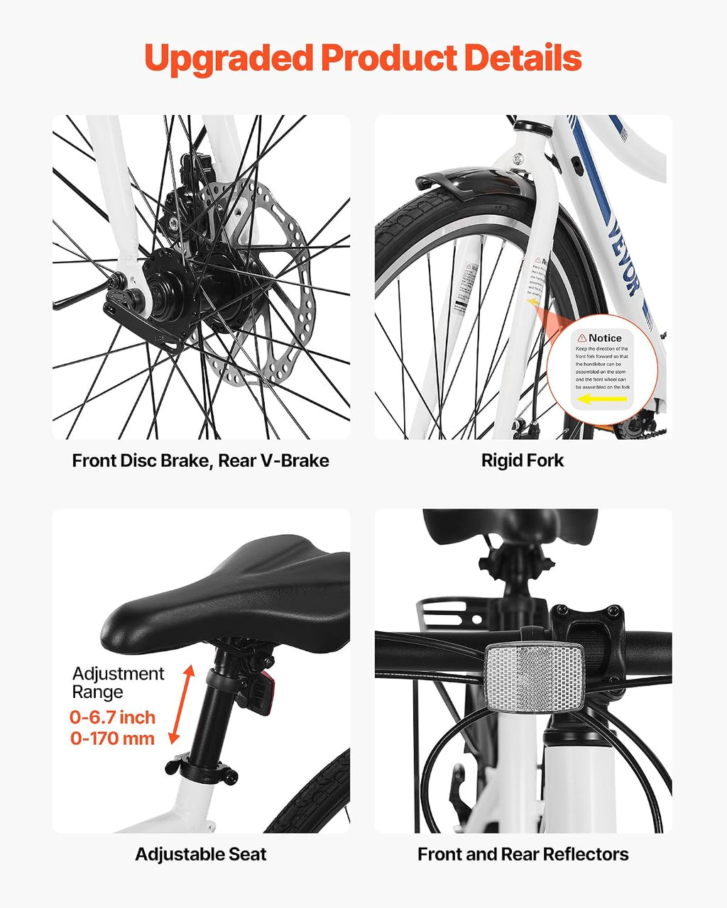 VEVOR Hybrid Bike, Lightweight Aluminum Frame Bike, 700c Wheel Men Women Hybrid Bicycle, Step-Over/Step-Through Adult Urban City Commuter Bikes, with 7/24 Speed, Alloy Adjustable Stem and Seat