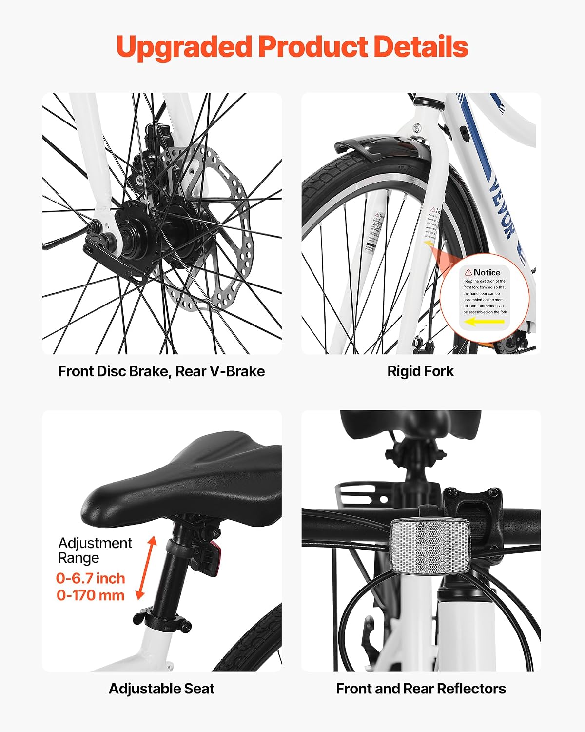 VEVOR Hybrid Bike, Lightweight Aluminum Frame Bike, 700c Wheel Men Women Hybrid Bicycle, Step-Over/Step-Through Adult Urban City Commuter Bikes, with 7/24 Speed, Alloy Adjustable Stem and Seat