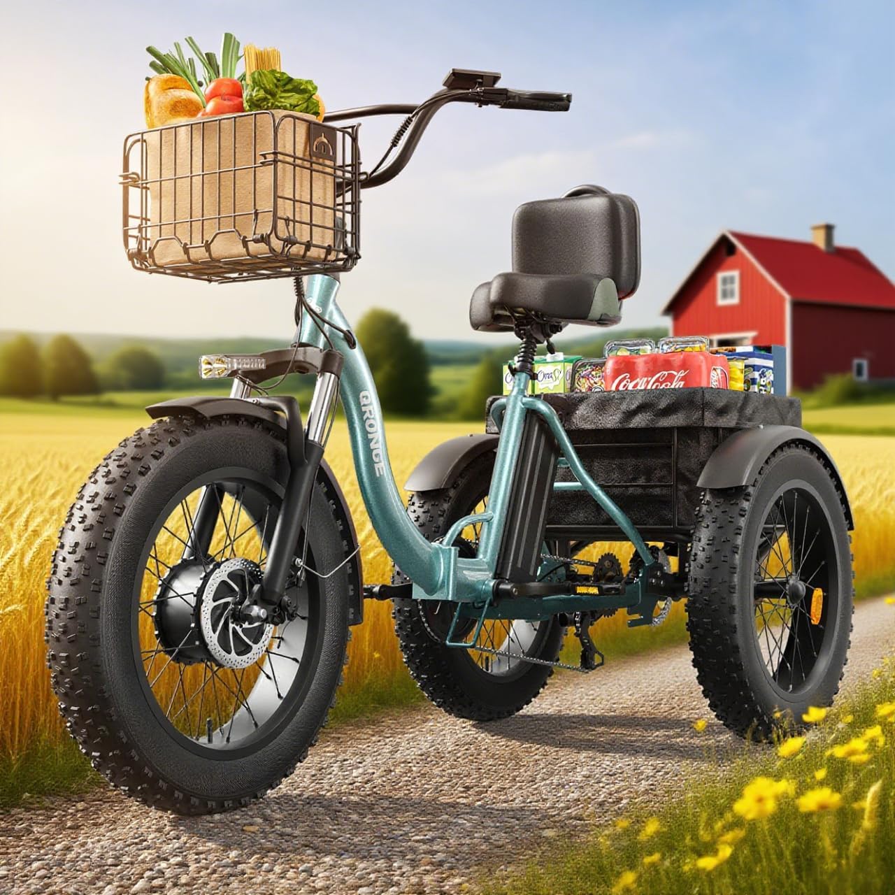 QRONGE Electric Trike for Adults 960W Peak, 36V 15AH Battery Ebike 50 Miles Range with Large Rear Basket, Electric Trike 20'*4' Fat Tire, Max 20MPH 3 Wheel Folding Electric Tricycle for Adults(Lava)