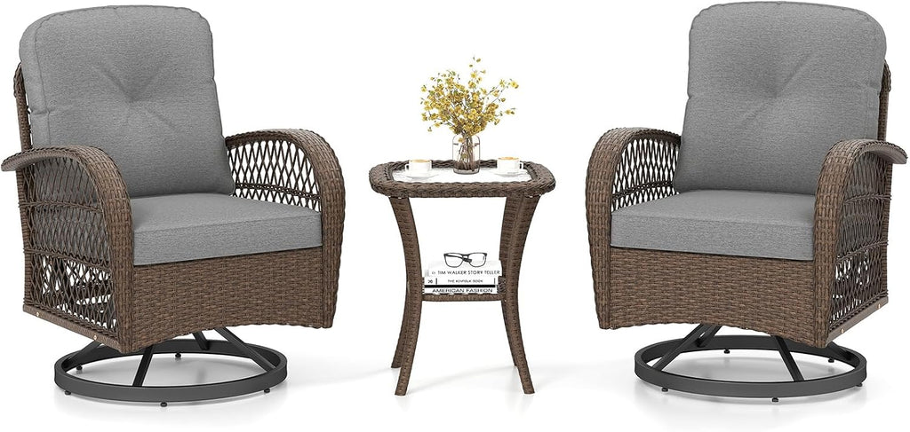 Tangkula 3 Piece Patio Swivel Rocker Set, 2 Outdoor Wicker Rocking Chairs with Tempered Glass Side Table, Outside Gliding Bistro Furniture Set with Thick Cushions for Porch, Yard, Balcony (Gray)