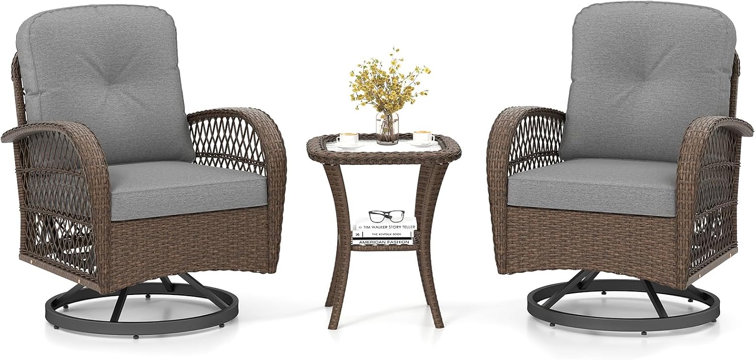 Tangkula 3 Piece Patio Swivel Rocker Set, 2 Outdoor Wicker Rocking Chairs with Tempered Glass Side Table, Outside Gliding Bistro Furniture Set with Thick Cushions for Porch, Yard, Balcony (Gray)