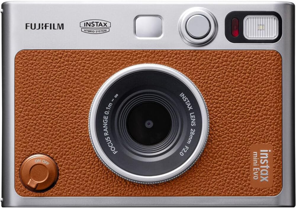 FUJIFILM INSTAX MINI EVO Hybrid Instant Camera (Brown) Bundle with Fuji Instax-Mini-Instant Film Value Pack (40 Sheets) + 32GB Memory Card + Carrying Case + Photo Album 64 Pockets + Cleaning Cloth