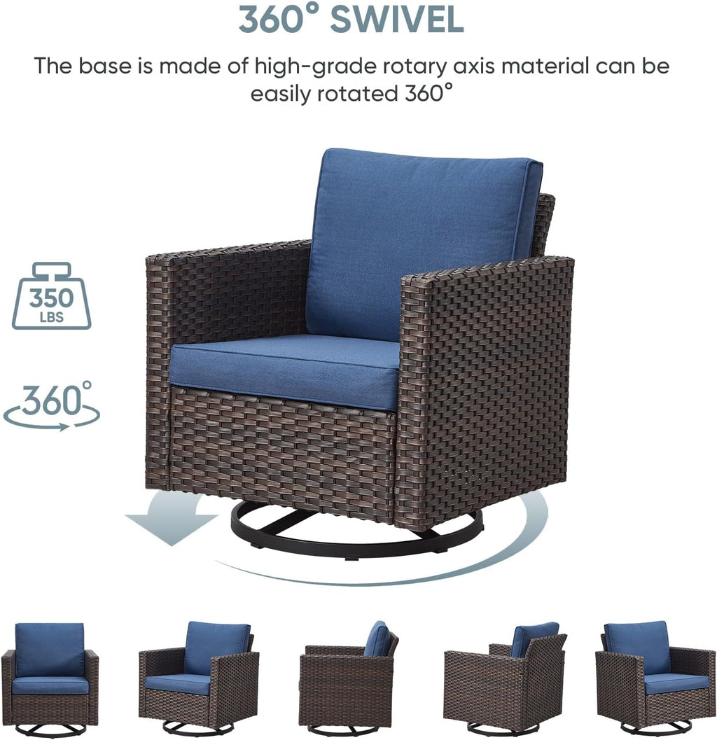 Patio Swivel Chairs,360 Degree Outdoor Swivel Glider Chair Set of 2 with High Back and Thickened Cushions for Deck Porch Garden Backyard-Brown/Blue