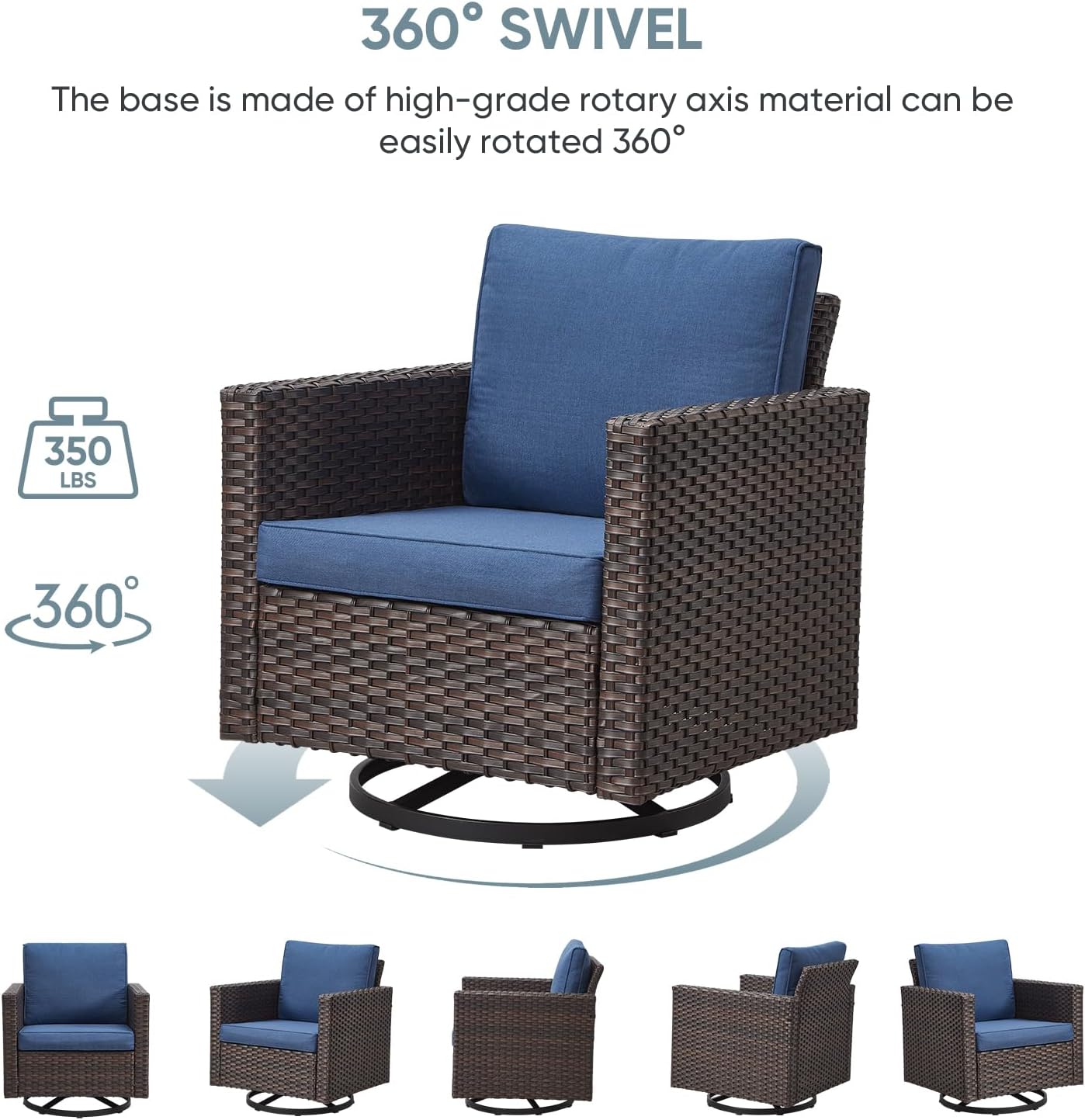 Patio Swivel Chairs,360 Degree Outdoor Swivel Glider Chair Set of 2 with High Back and Thickened Cushions for Deck Porch Garden Backyard-Brown/Blue