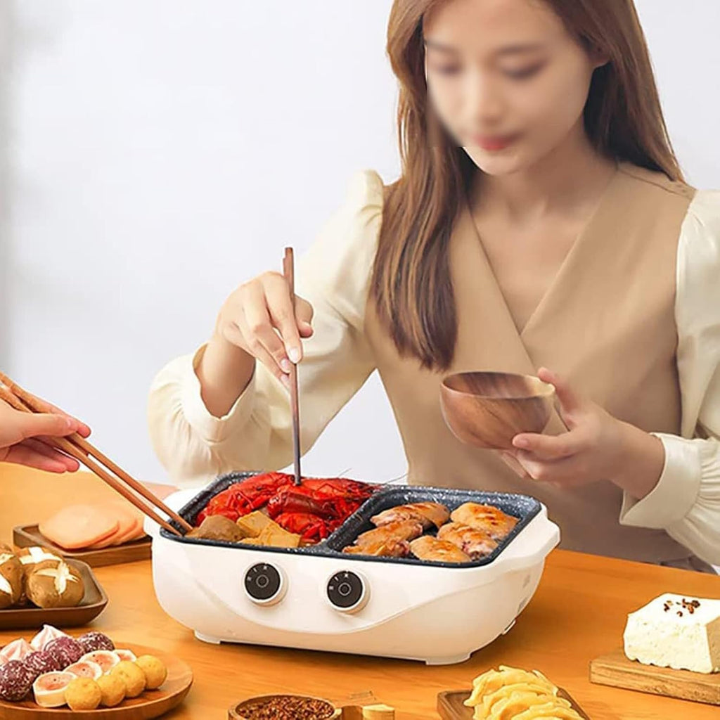 2-in-1 Electric Grill & Hot Pot, Portable Smokeless BBQ Skillet, 1500W Non-Stick Coating, Dual Temperature Control for Household Dinner