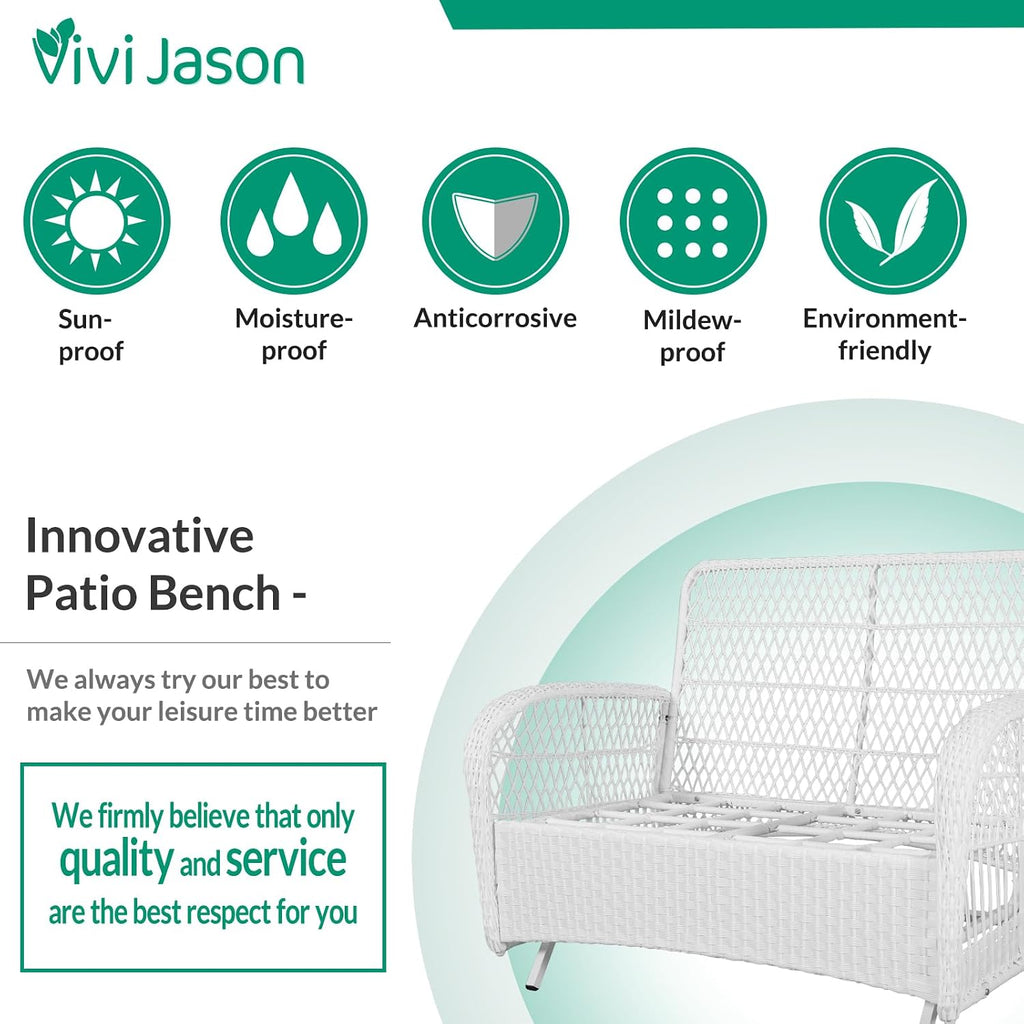 VIVIJASON 4-Piece Outdoor Patio White Wicker Conversation Sets, All Weather Outdoor Rattan Furniture Set Includes Glider Loveseat, Coffee Table, 2 Rocking Chairs with Cushions for Backyard, Beige