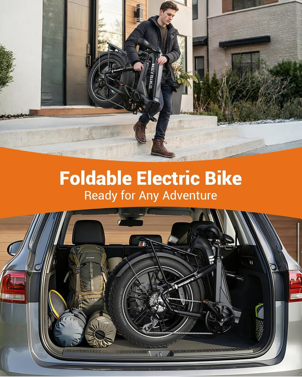 Heybike Ranger Foldable Electric Bike for Adults, 1200W/1800W Peak Motor, 28/32MPH E Bike, 55/90 Miles Range, 20'x4.0' Fat Tire Ebike with Removable Battery, Hydraulic Brakes for Snow, Beach,Commuting