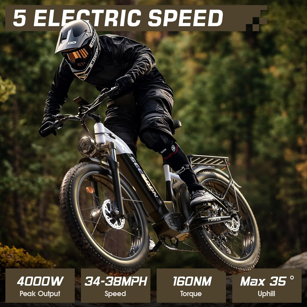 Seemoon Electric Bike,4000W Dual Motor Ebike for Adults,52V 1040Wh Removable Battery E-Bike for Men Women,38MPH Up to 105 Miles,26' Fat Tire Fast Step Thru Electric Bicycle for Commuter
