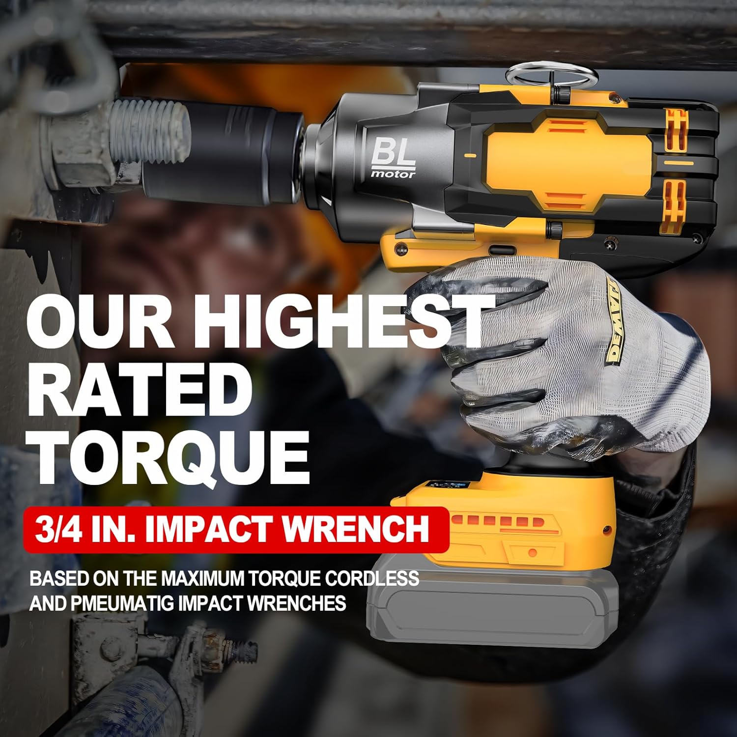 Cordless Impact Wrench 3/4' for De-Walt 20V Battery, 1475 Ft-lbs (2000N.m) High Torque power Impact Gun Heavy Duty Brushless, 3 Mode, 1/2' Impact Socket Adapter, Car Tire Truck RV Mower (No battery)