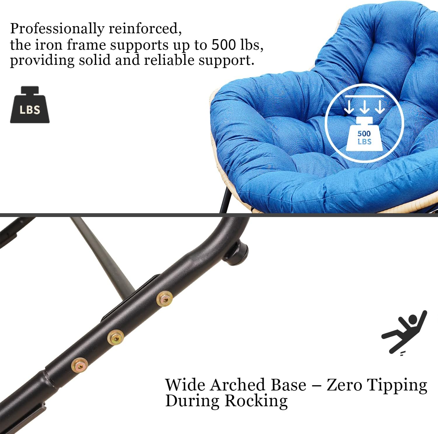 Rocking Papasan Chair Outdoor/Indoor, Rattan Wicker Lounge Rocker Egg Chair with Thick Cushion, Alloy Frame & Anti-Tip Wide Base for Patio, Living Room, Bedroom, Royal Blue