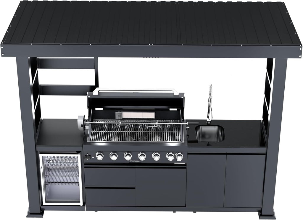REDNGO 108-Inch 6-Burner 85000 BTU Stainless Steel Propane Gas Grill Outdoor Kitchen Island with Canopy,648Sq.In Cooking Area,Wine Cooler,Refrigerator,Rotisserie,for Backyard BBQ,Black
