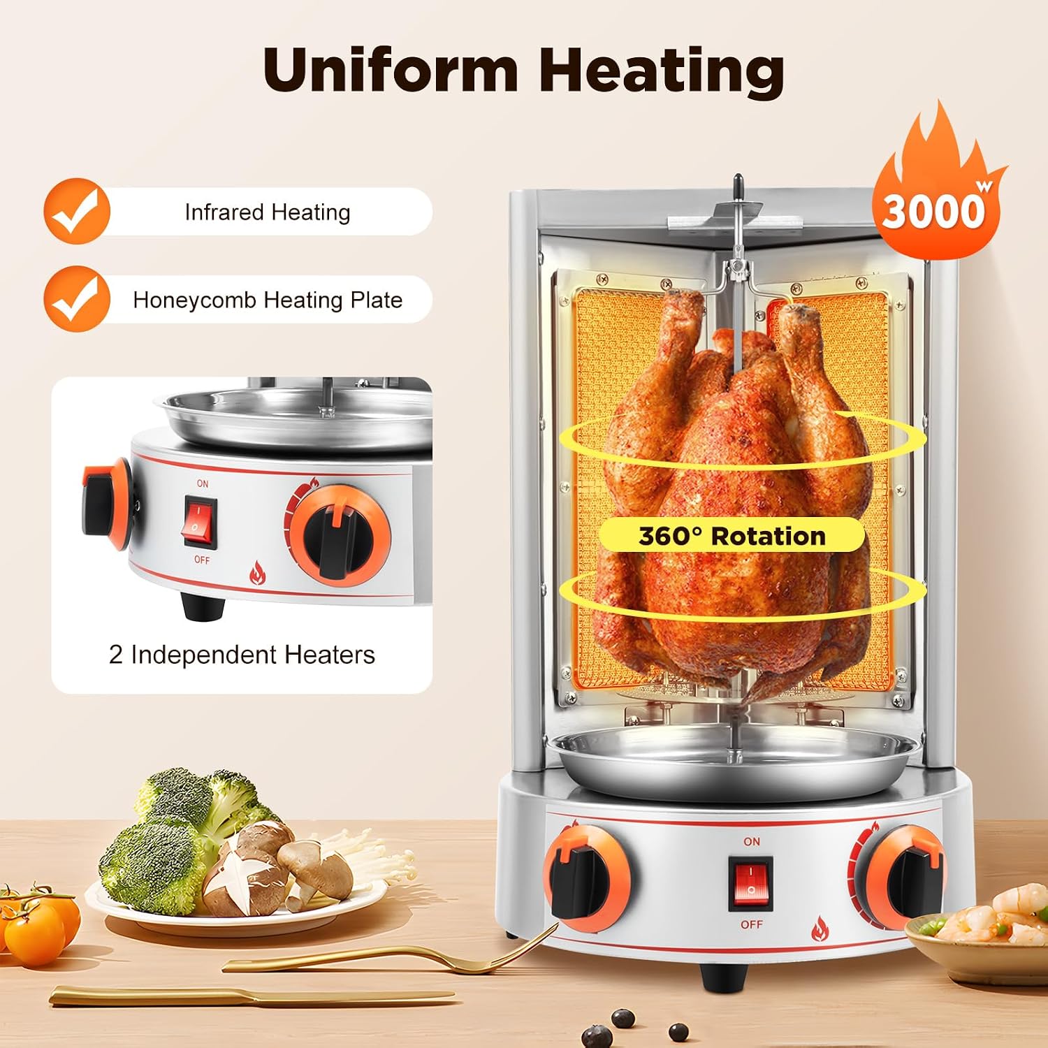 Gas Vertical Broiler BBQ Grill,Commercial Electric Grill Automatic Rotating Machine,Gyros Rotisserie Grill 3000W 110V w/2 Burners Doner Kebab Machine for party (2 Burners)